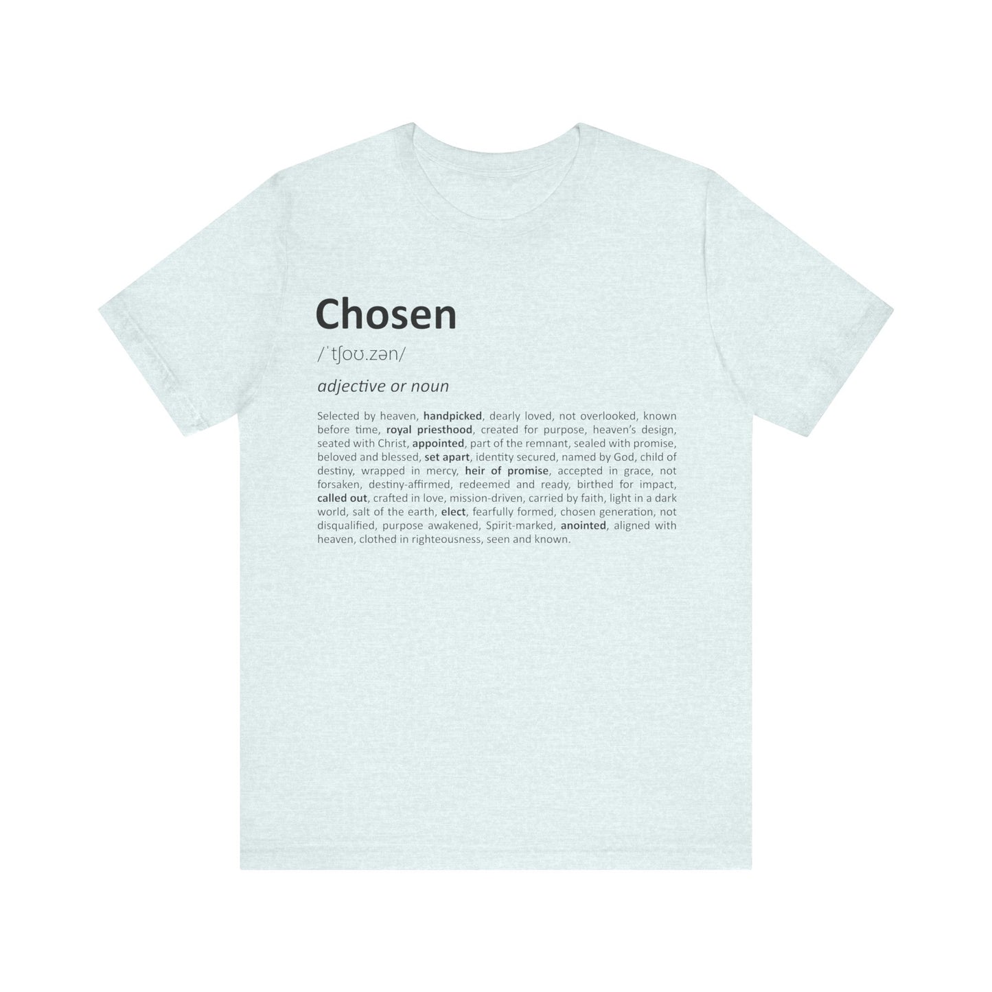 Light blue t-shirt with black text on a white background