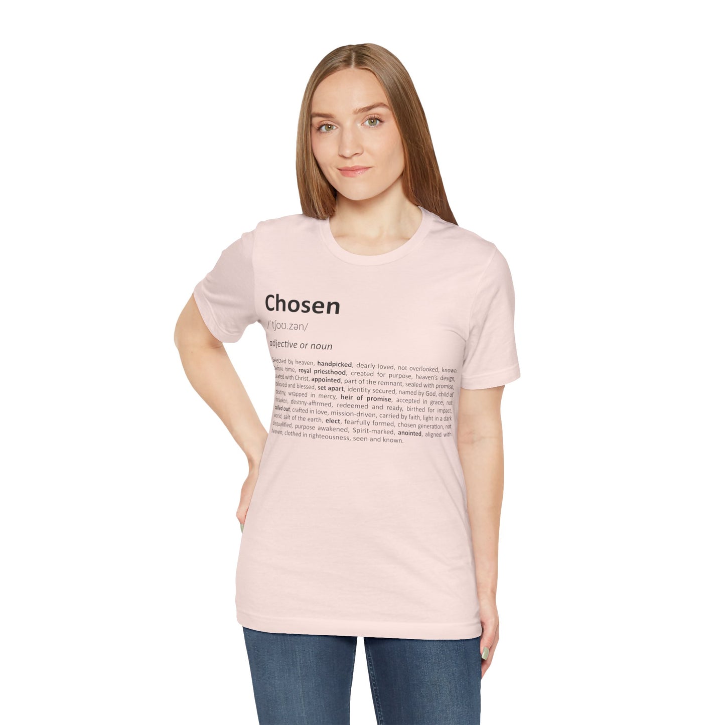 Woman wearing a pink t-shirt with text on a white background