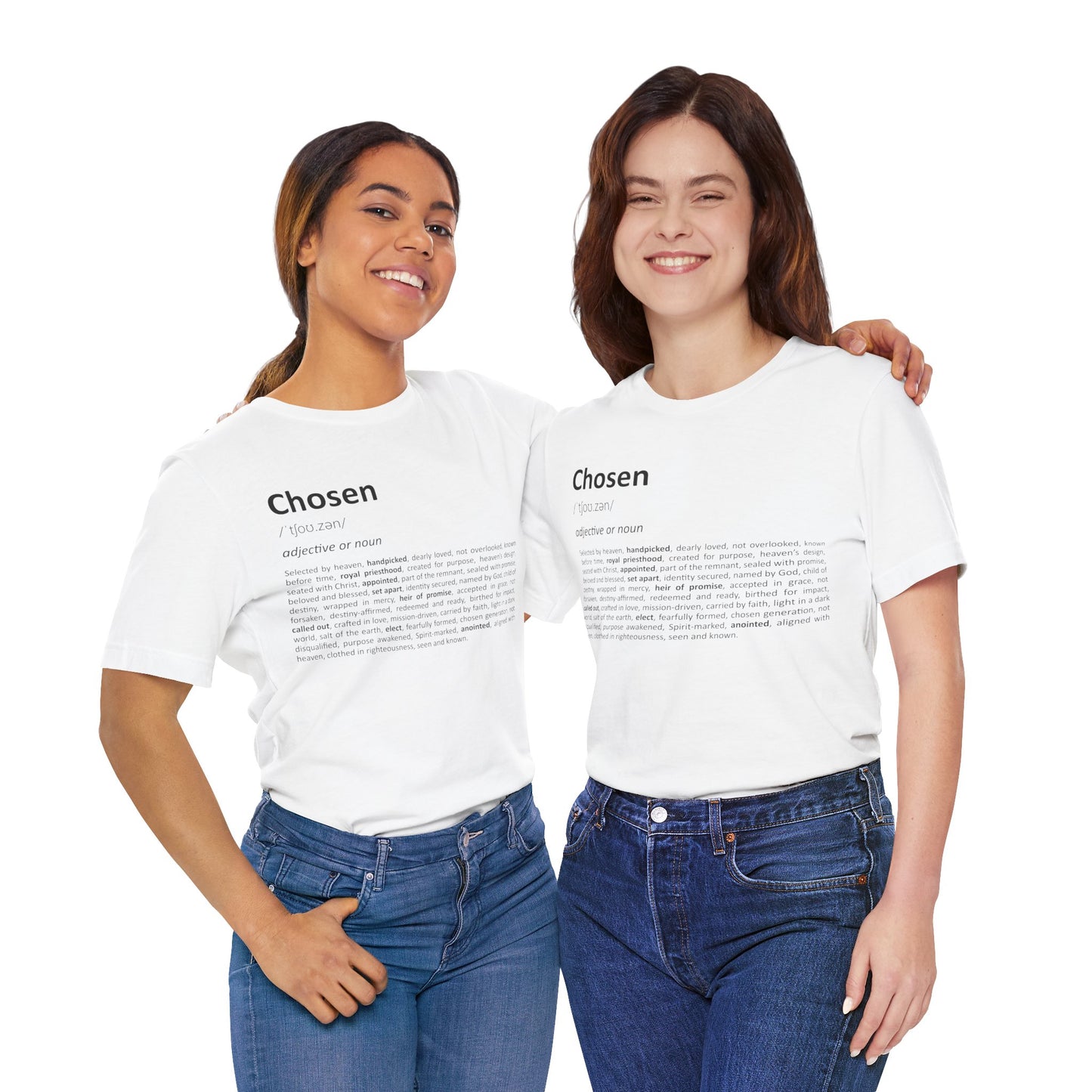Two people wearing white t-shirts with 'Chosen' text on a white background
