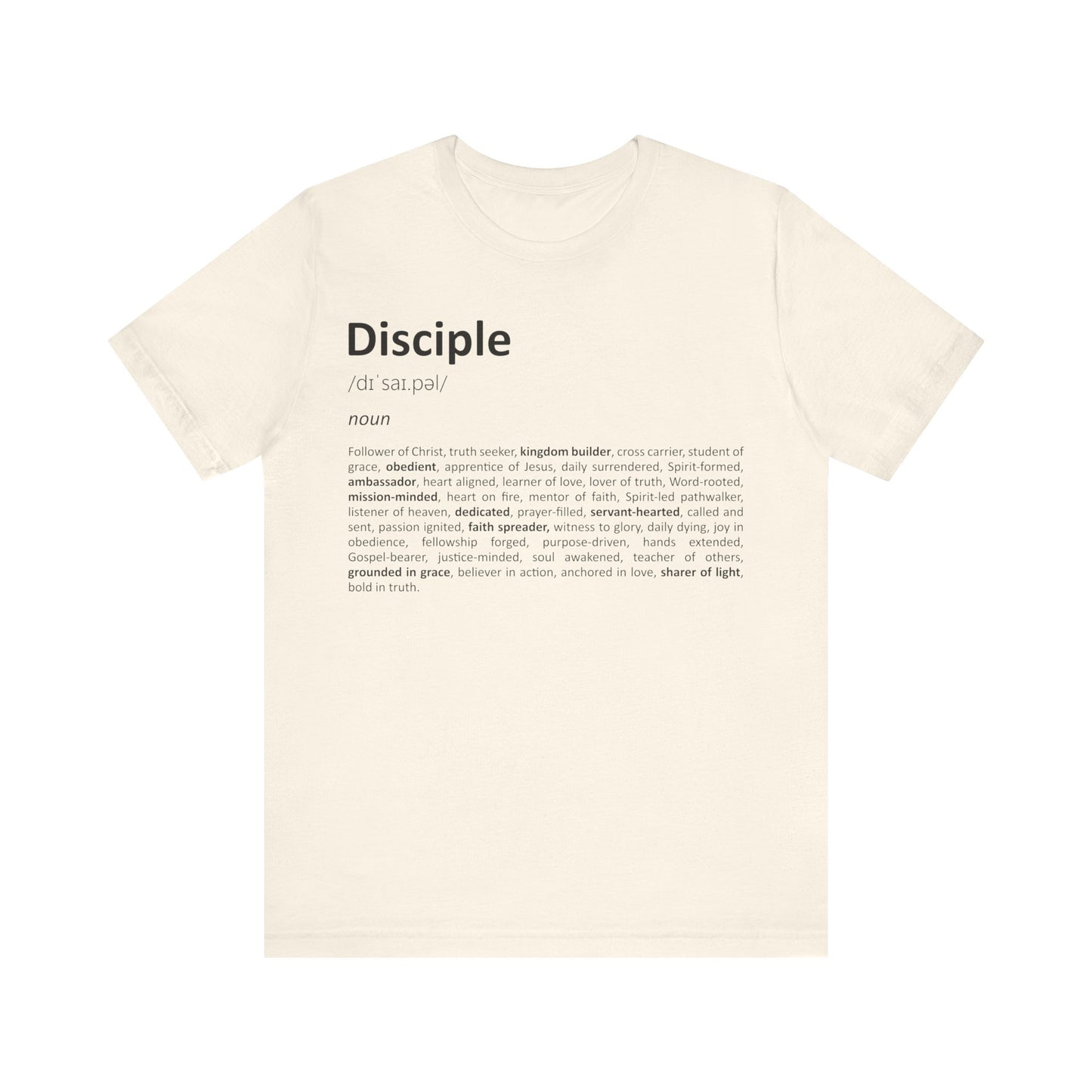 Beige t-shirt with text on a white background