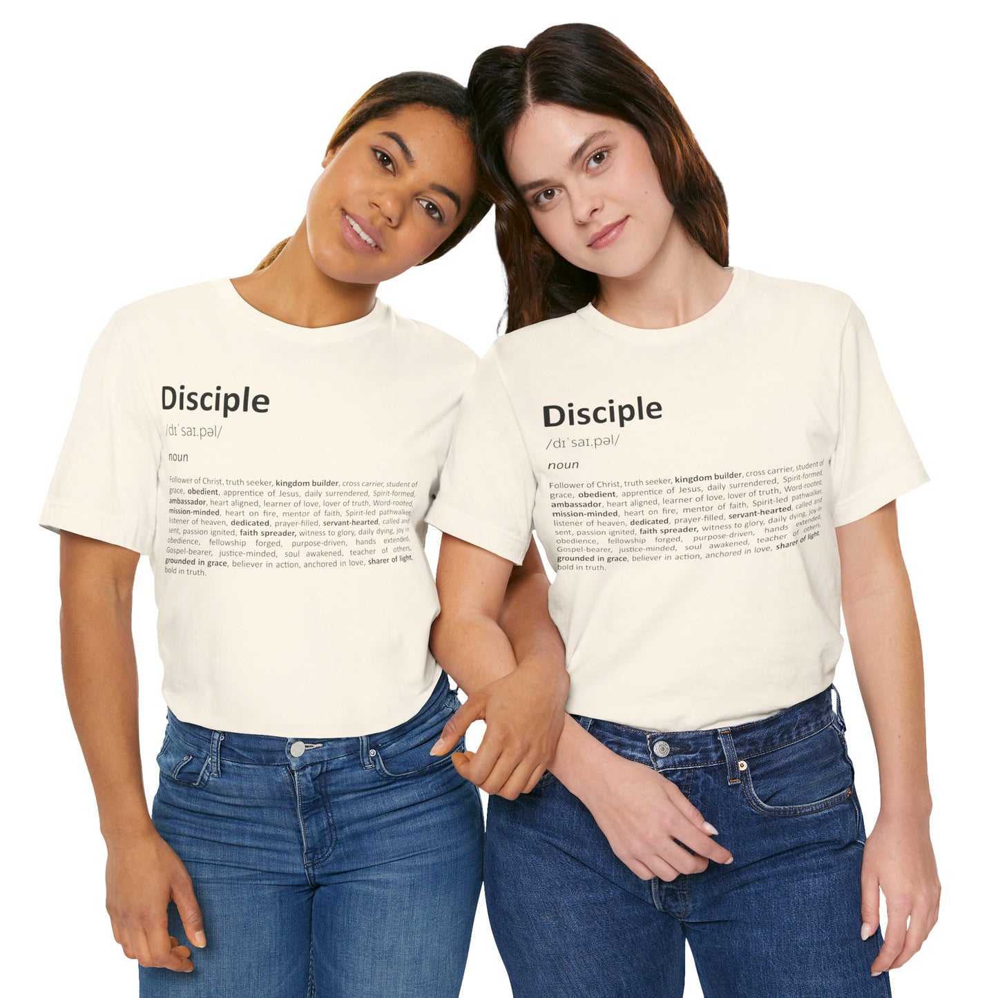Two people wearing 'Disciple' t-shirts with a definition printed on them, standing close together against a white background.