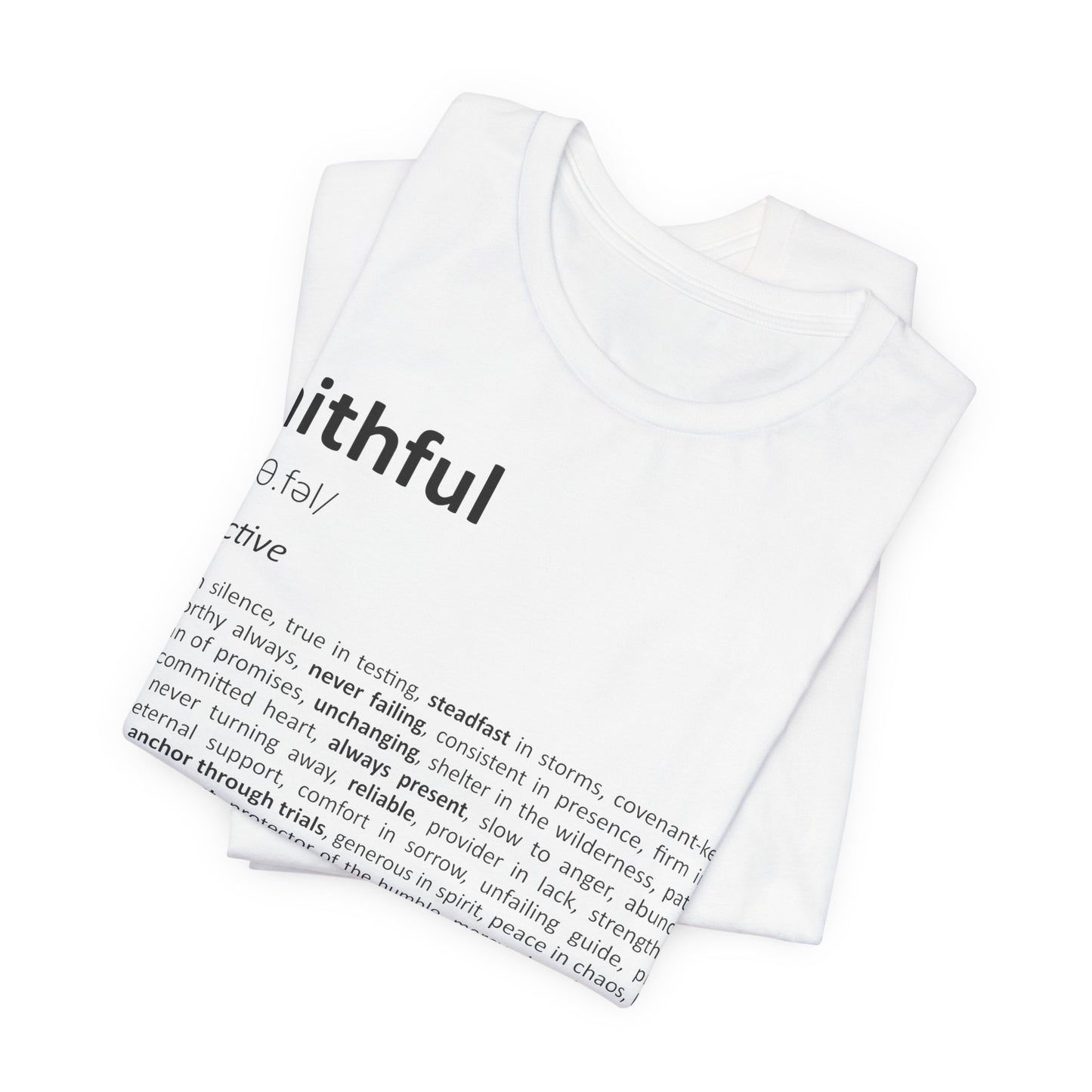 White t-shirt with black text on a white background