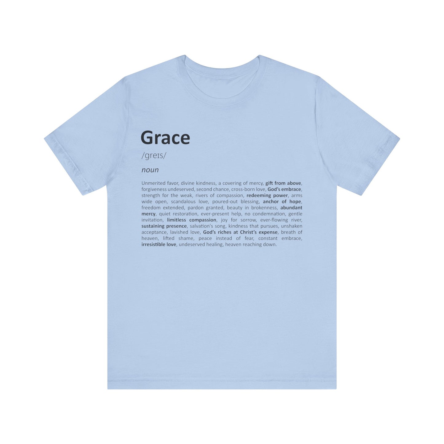 Light blue t-shirt with 'Grace' definition text on a white background