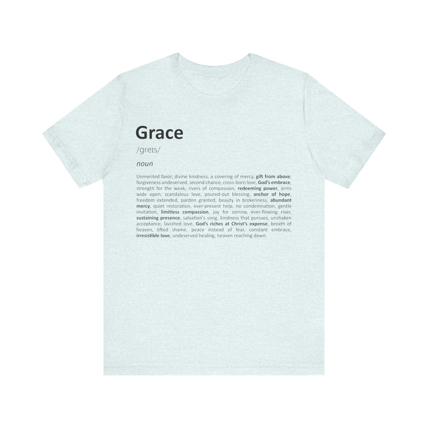 Light blue t-shirt with black text on a white background