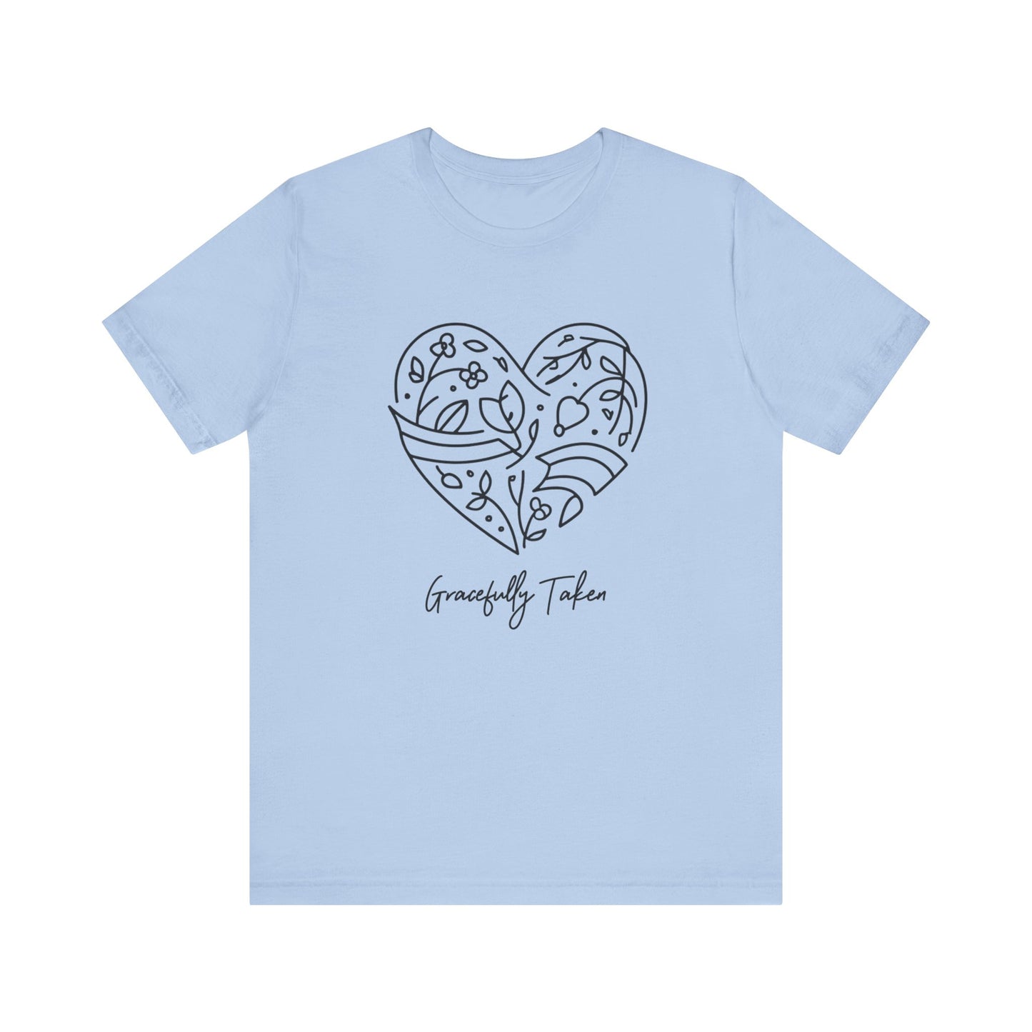 Light blue t-shirt with a heart design and text on a white background