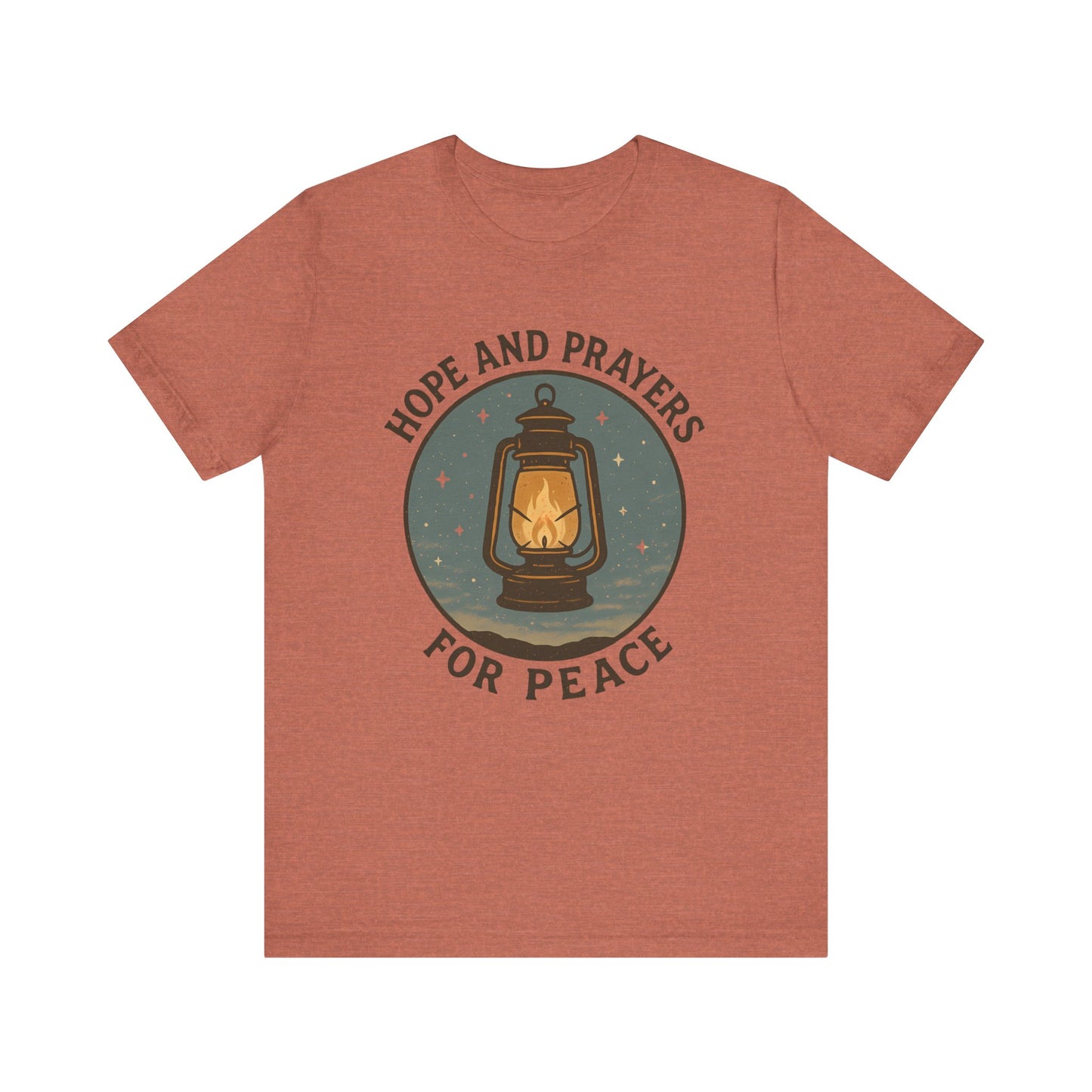 Red t-shirt with a lantern graphic and text 'Hope and Prayers for Peace' on a white background
