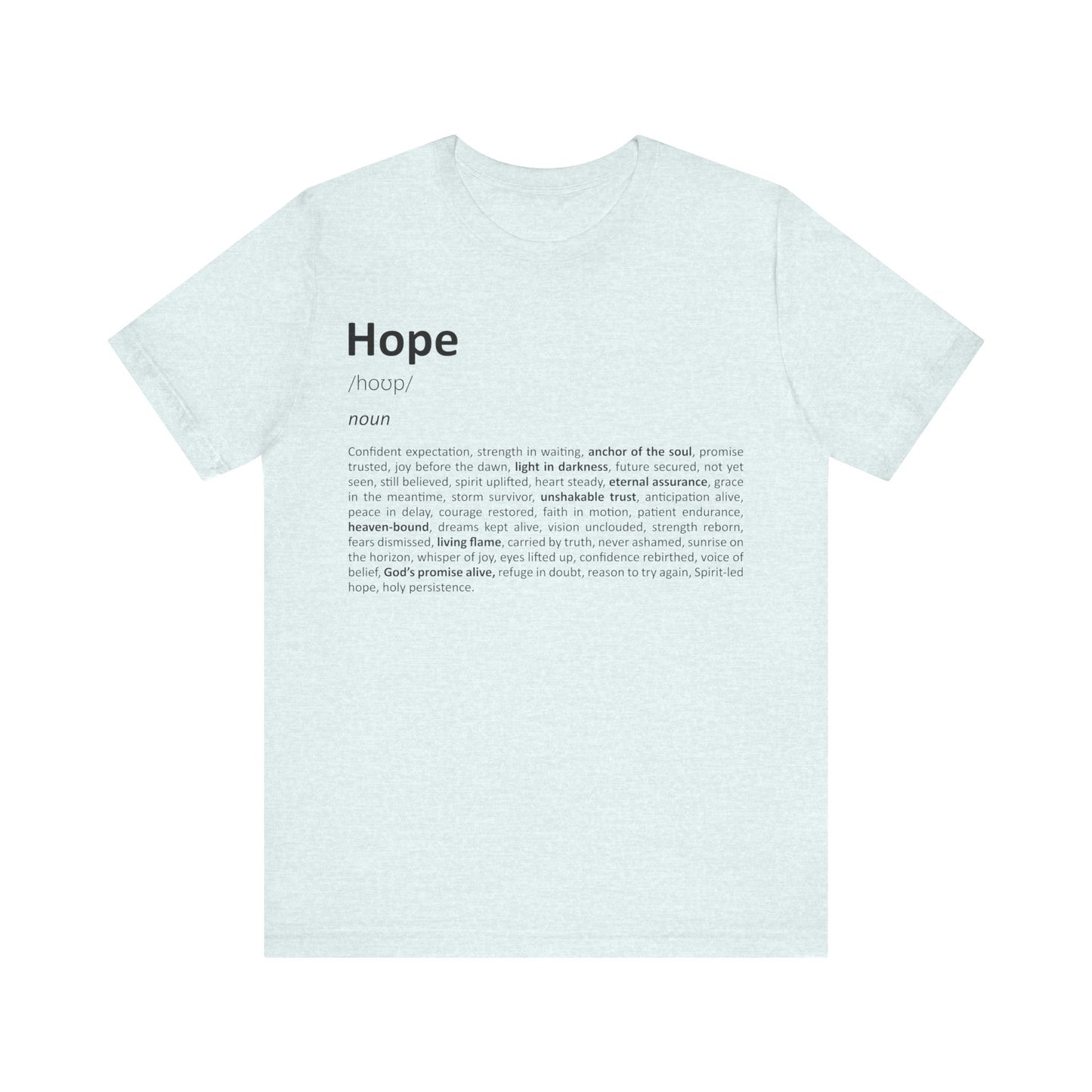 Light blue t-shirt with text on a white background