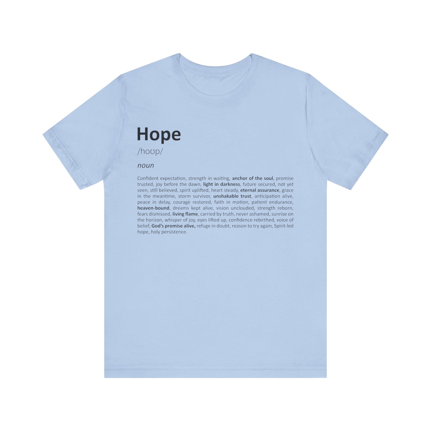 Light blue t-shirt with 'Hope' definition text on a white background