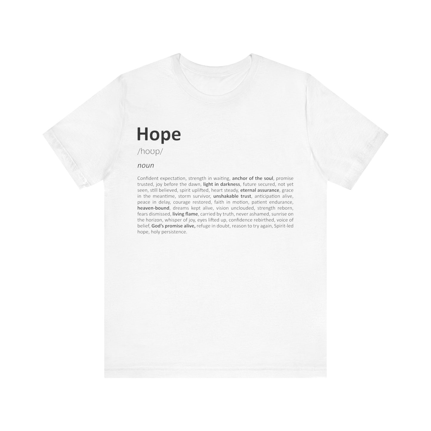 White t-shirt with 'Hope' definition text on a white background