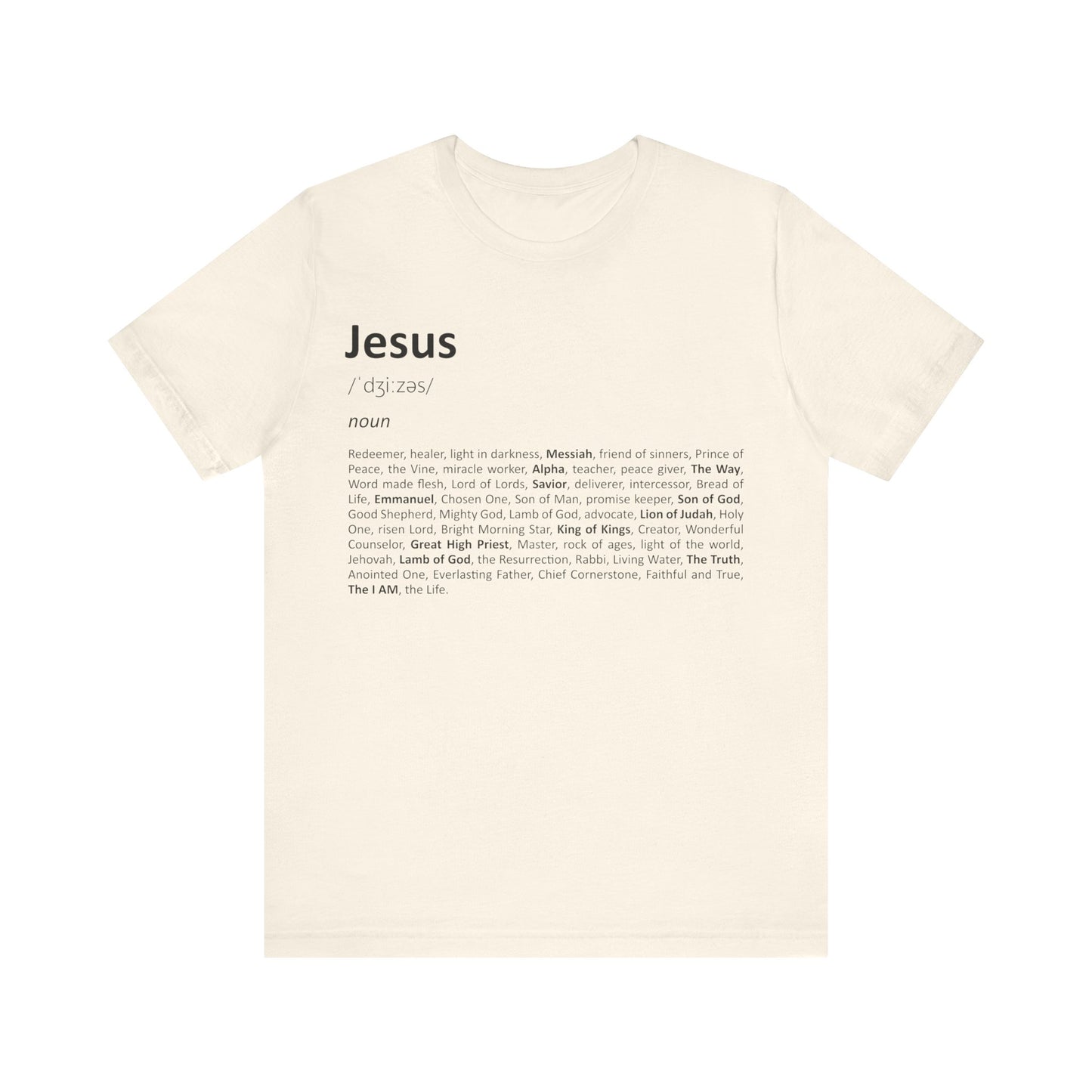 Beige t-shirt with text definition of 'Jesus' on a white background