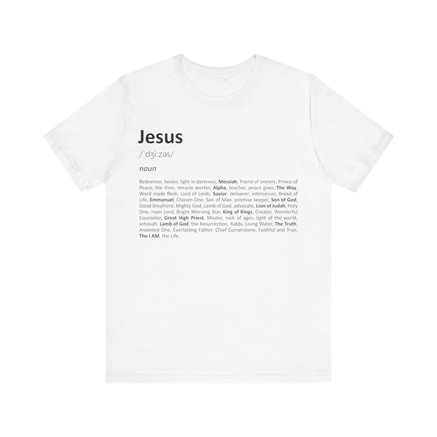 White t-shirt with black text on a white background