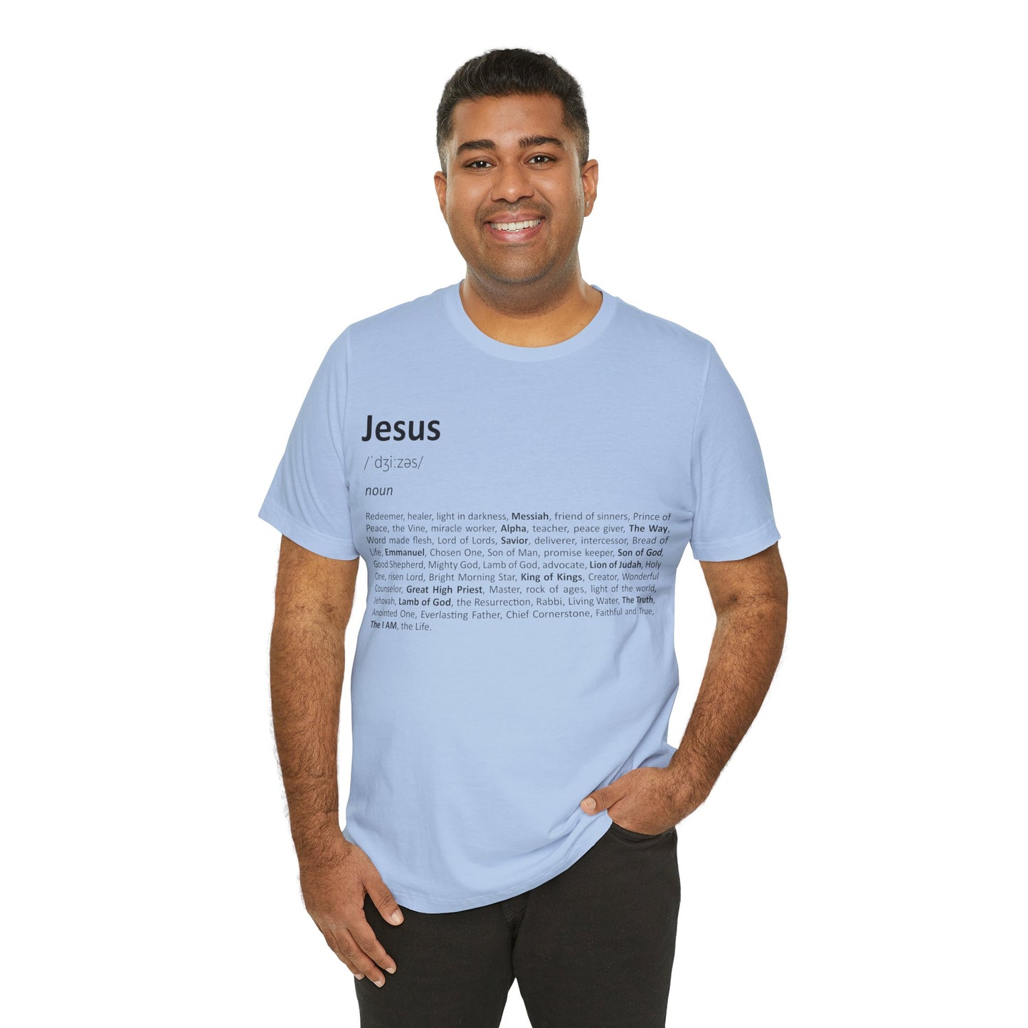 Man wearing a light blue t-shirt with 'Jesus' definition text on a white background
