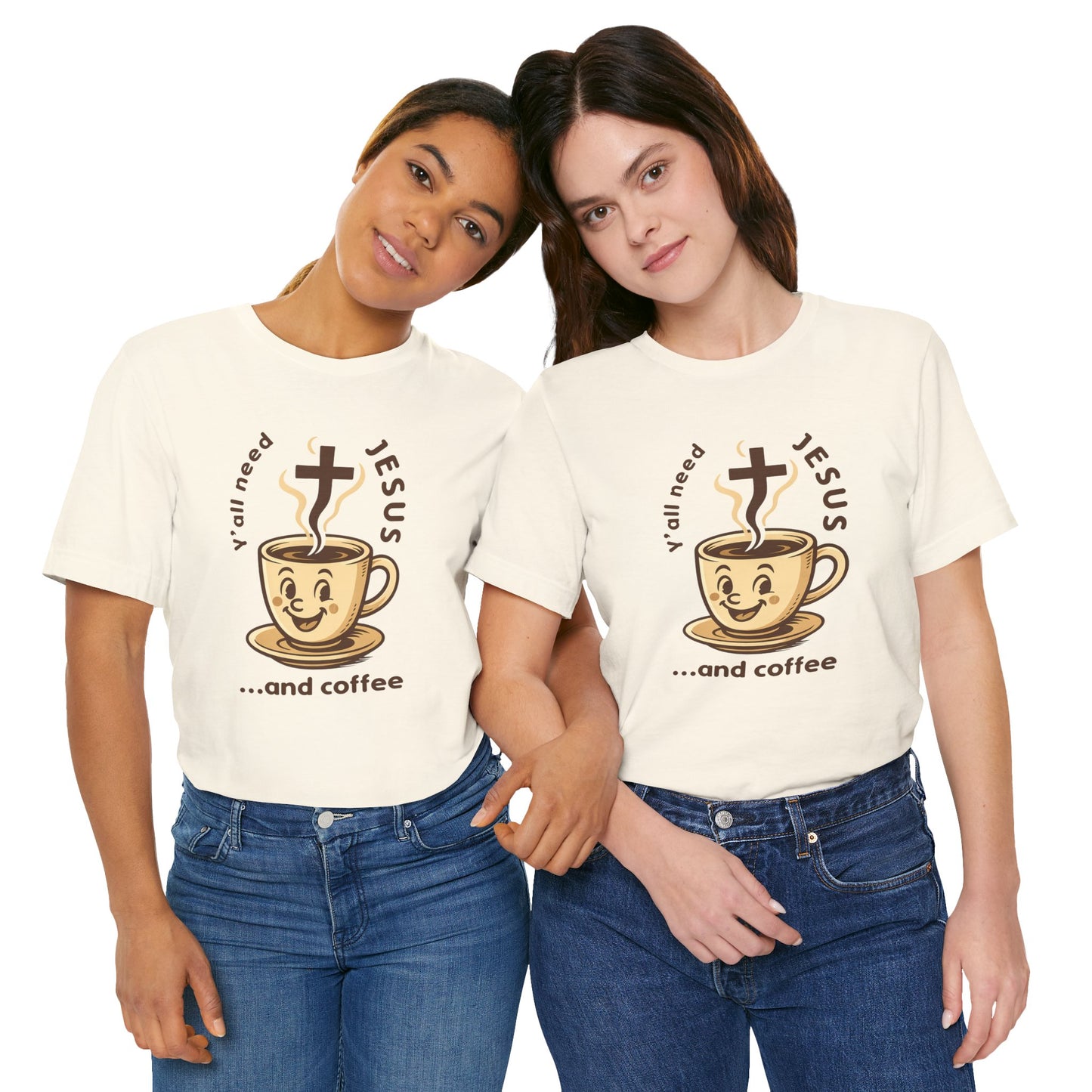 Two people wearing t-shirts with a graphic of a coffee cup and text, standing close together on a white background.
