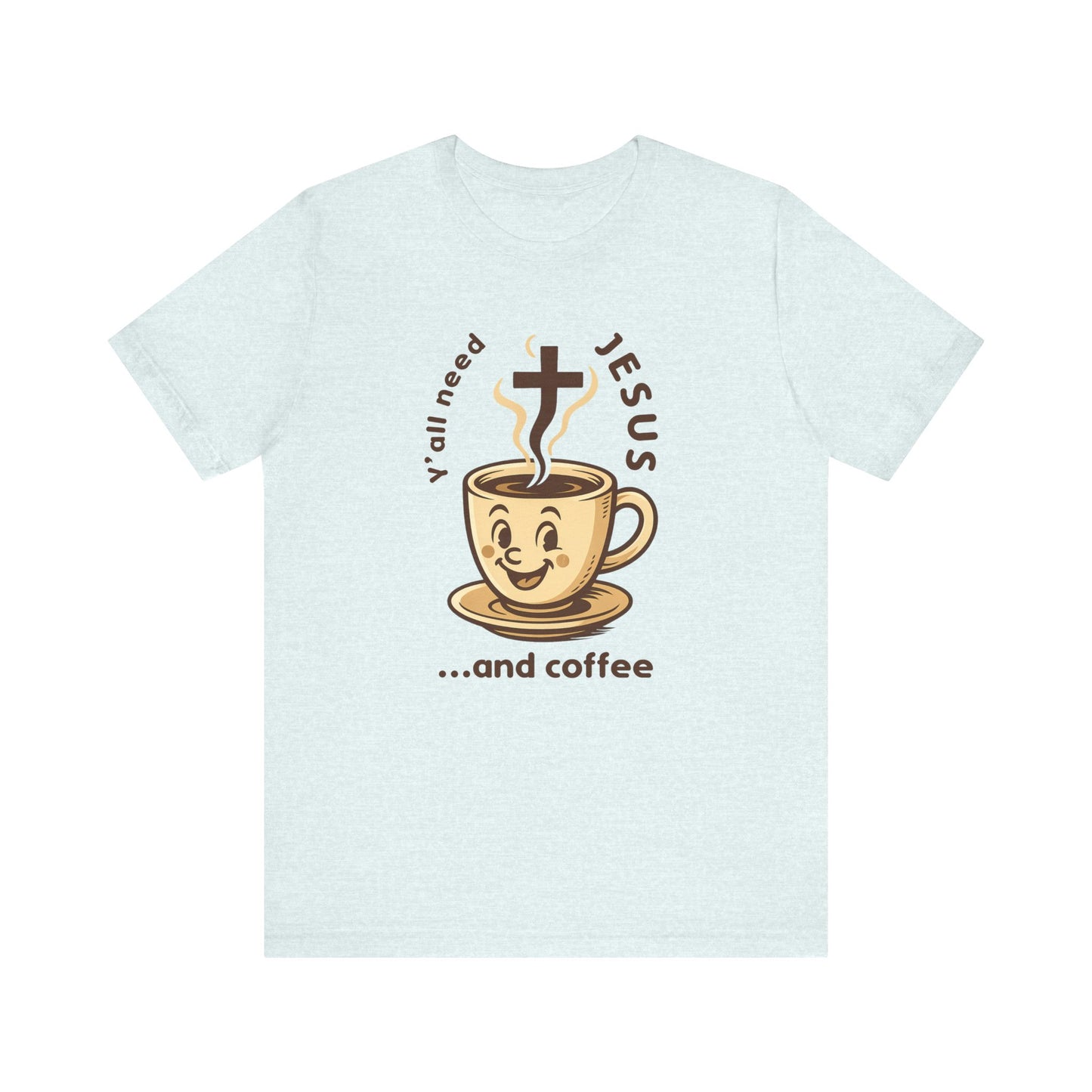 Light blue t-shirt with a cartoon coffee cup and text design on a white background