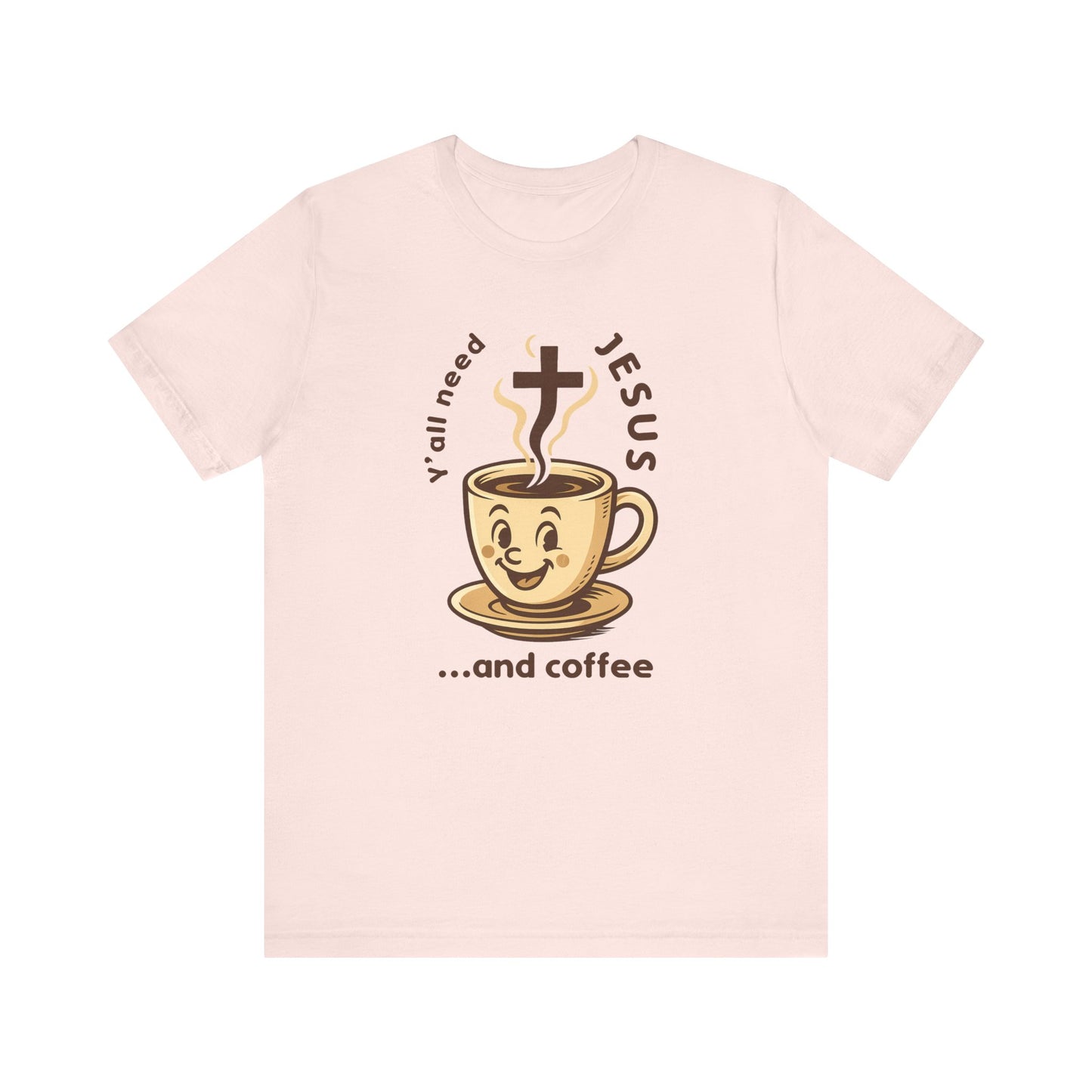 Pink t-shirt with a coffee cup graphic and text on a white background