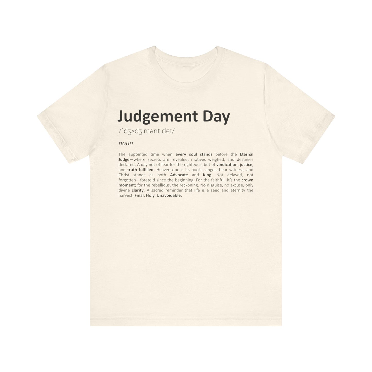 Beige t-shirt with 'Judgement Day' definition text on a white background