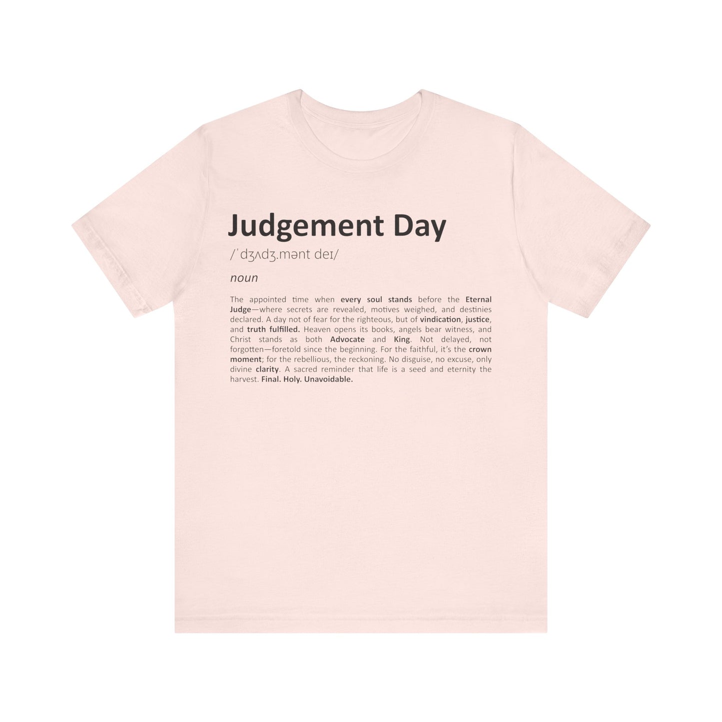 Pink t-shirt with 'Judgement Day' definition text on a white background