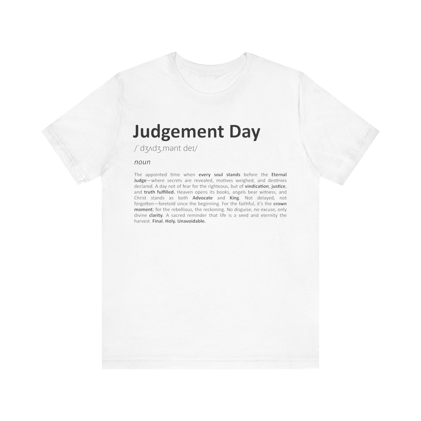 White t-shirt with 'Judgement Day' text and definition on a white background