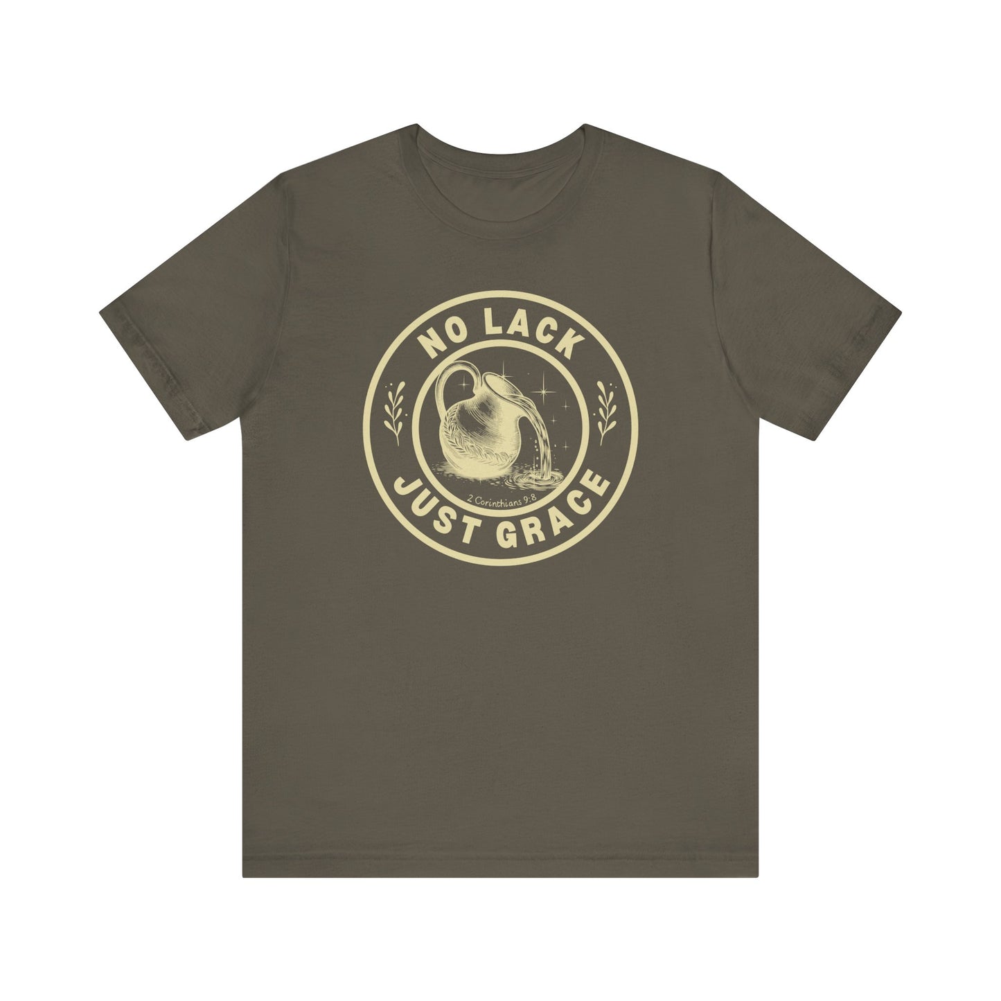 Brown t-shirt with 'No Lack Just Grace' text and graphic on a white background