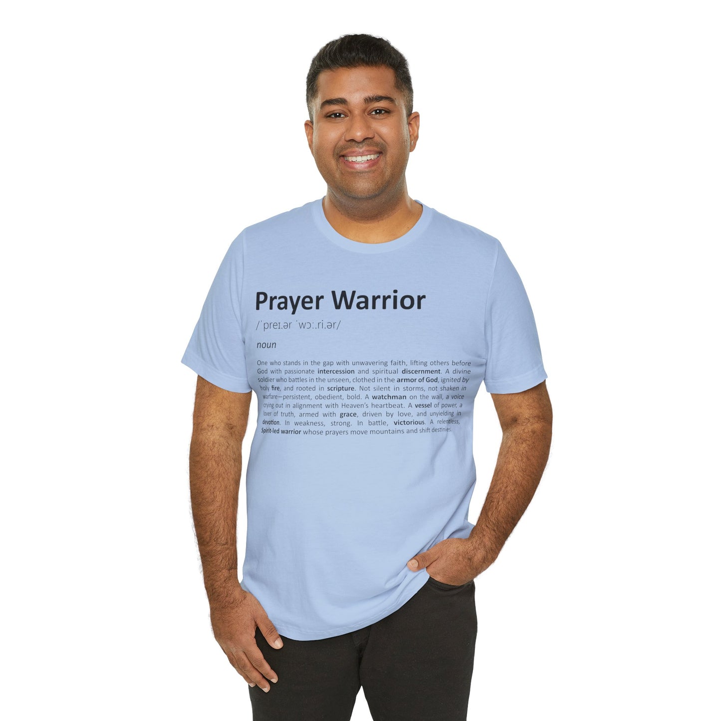 Man wearing a light blue t-shirt with 'Prayer Warrior' text on a white background