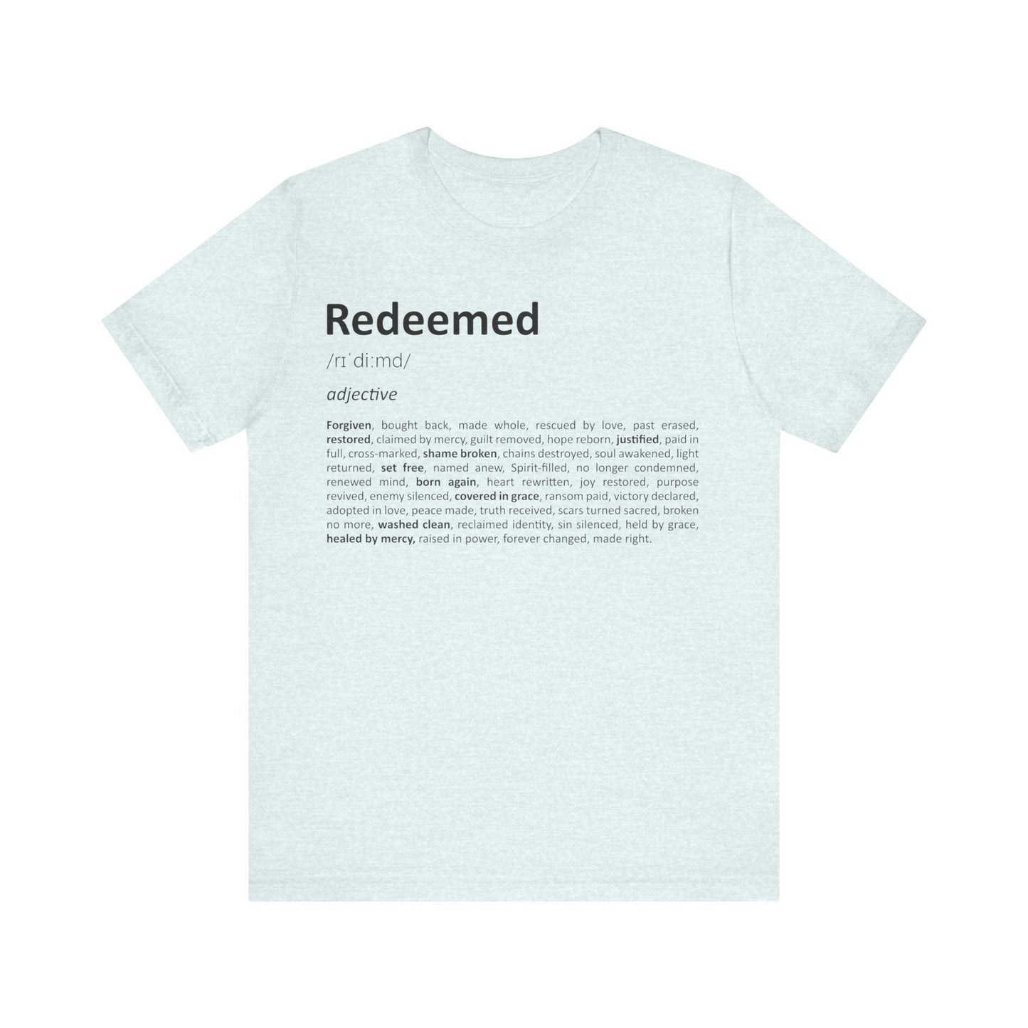 Light blue t-shirt with 'Redeemed' definition printed on a white background