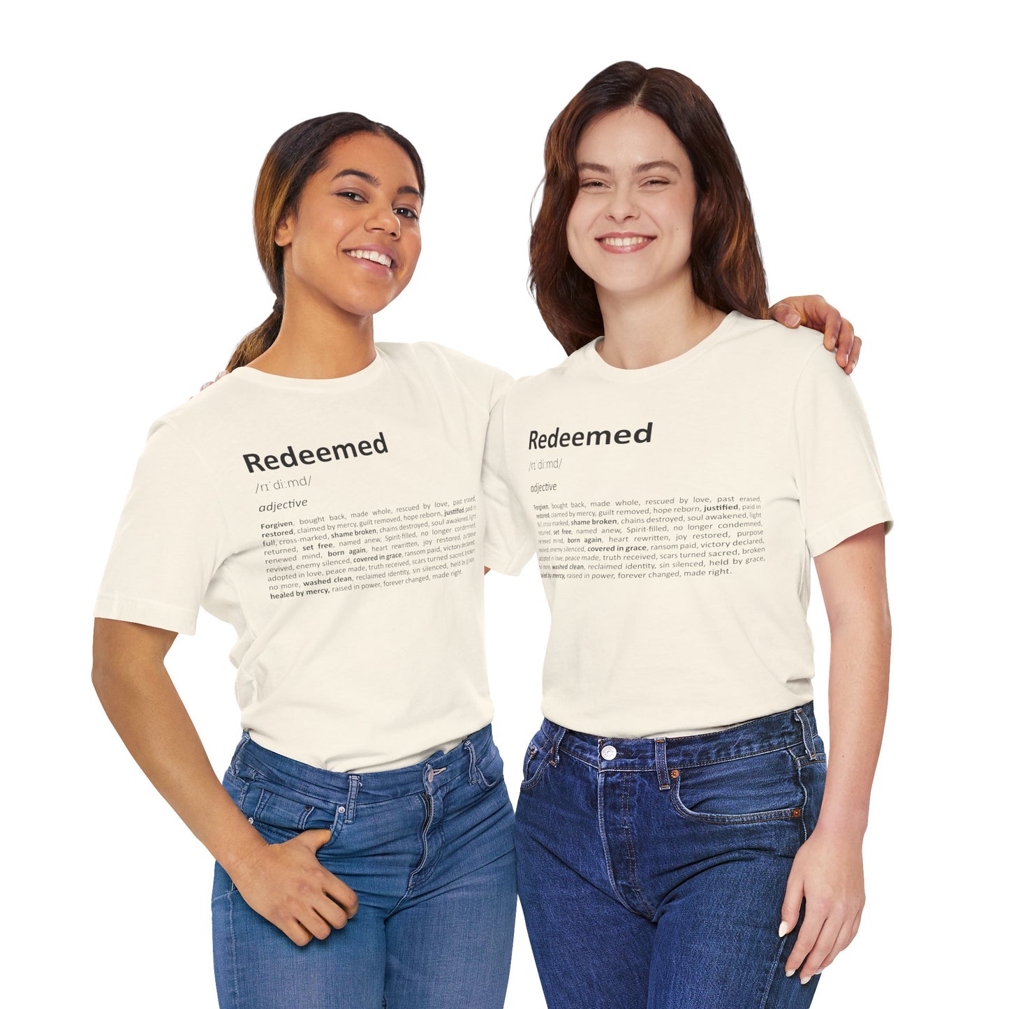 Two people wearing t-shirts with 'Redeemed' text on a white background