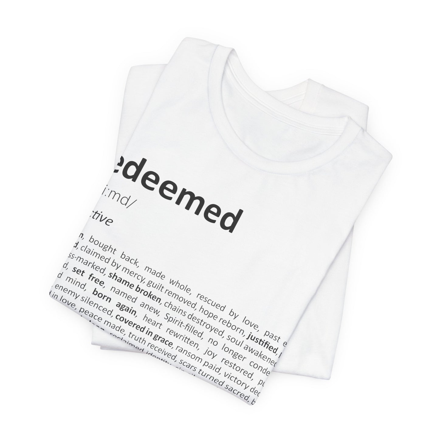White tank top with 'redeemed' text and definition printed on a white background
