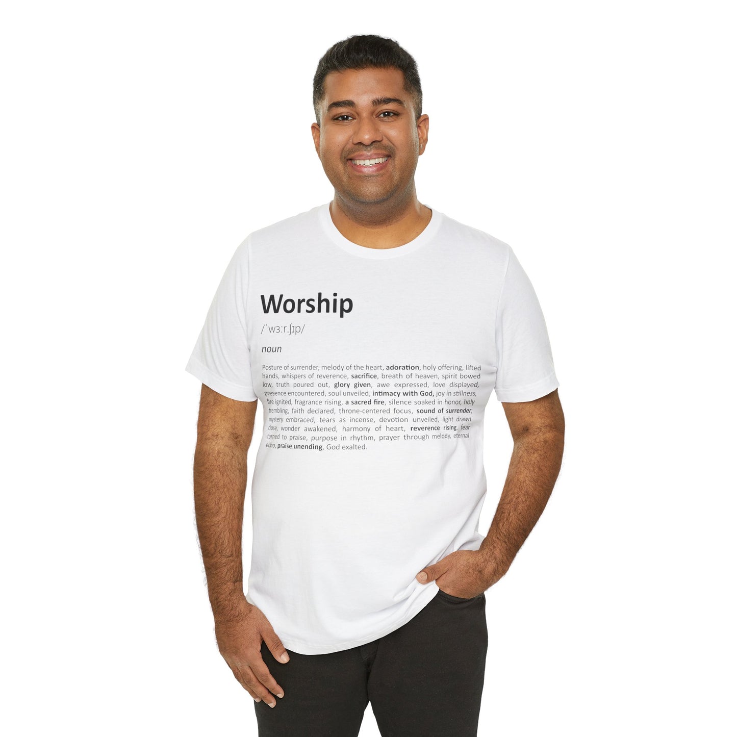 Man wearing a white t-shirt with 'Worship' definition text on a white background