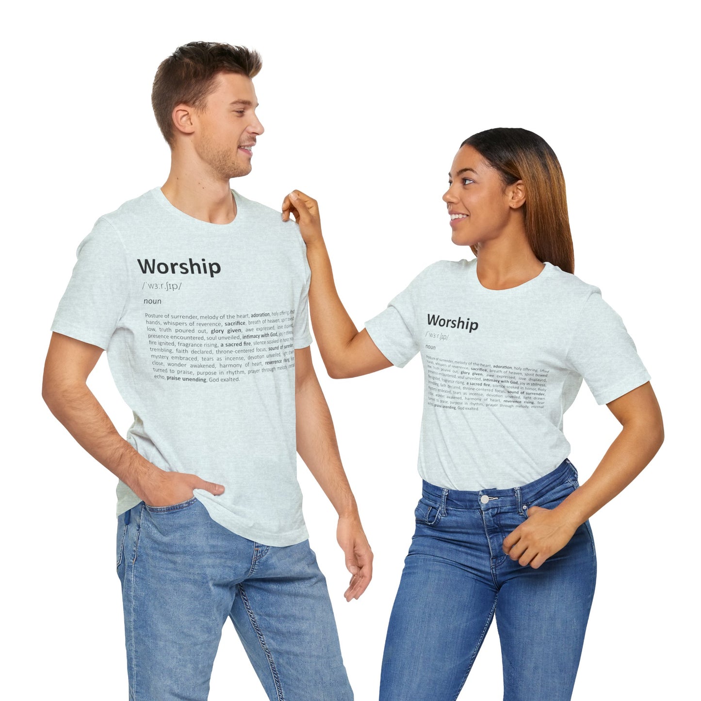 Two people wearing t-shirts with the word 'Worship' printed on them, standing close together against a white background.