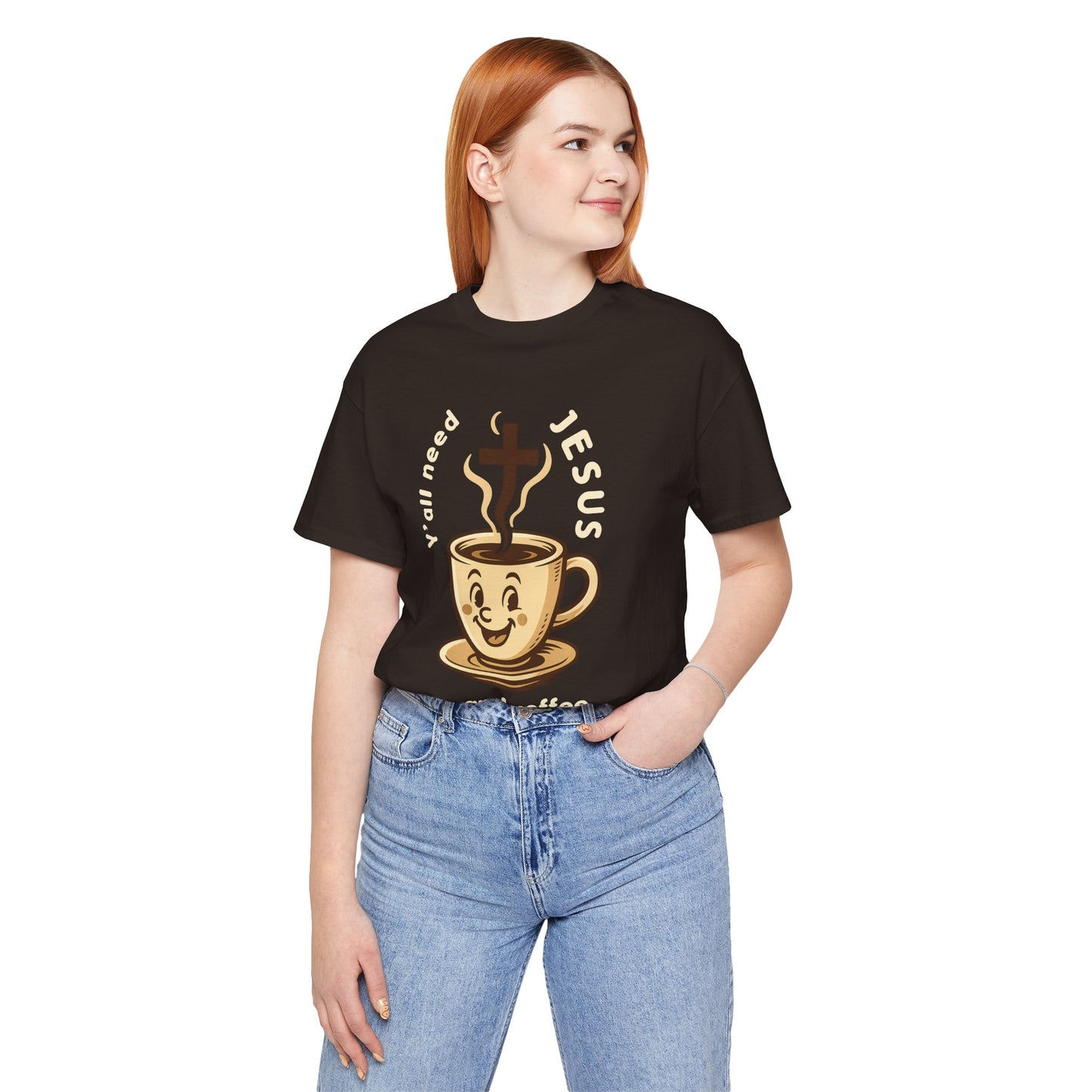 Person wearing a black t-shirt with a coffee cup graphic and text on a white background