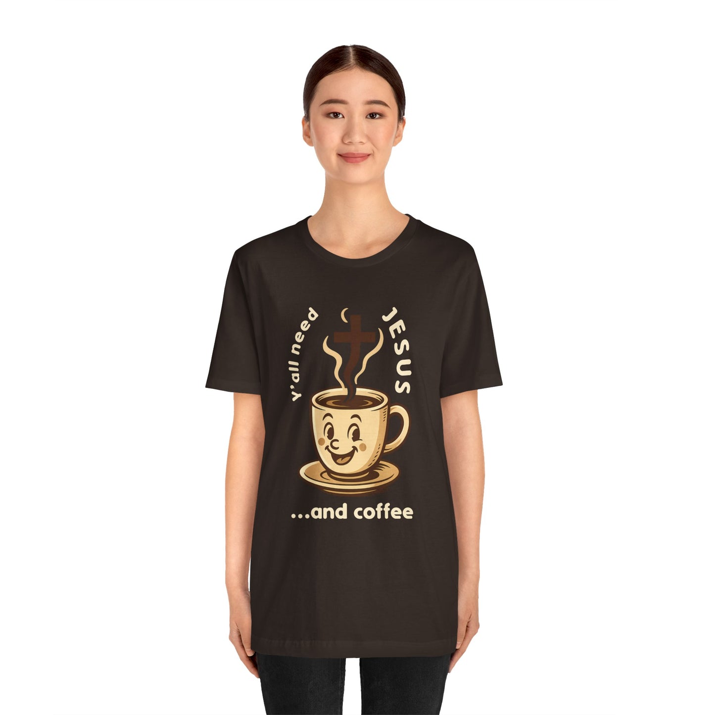 Person wearing a black t-shirt with a graphic of a coffee cup and text on a white background