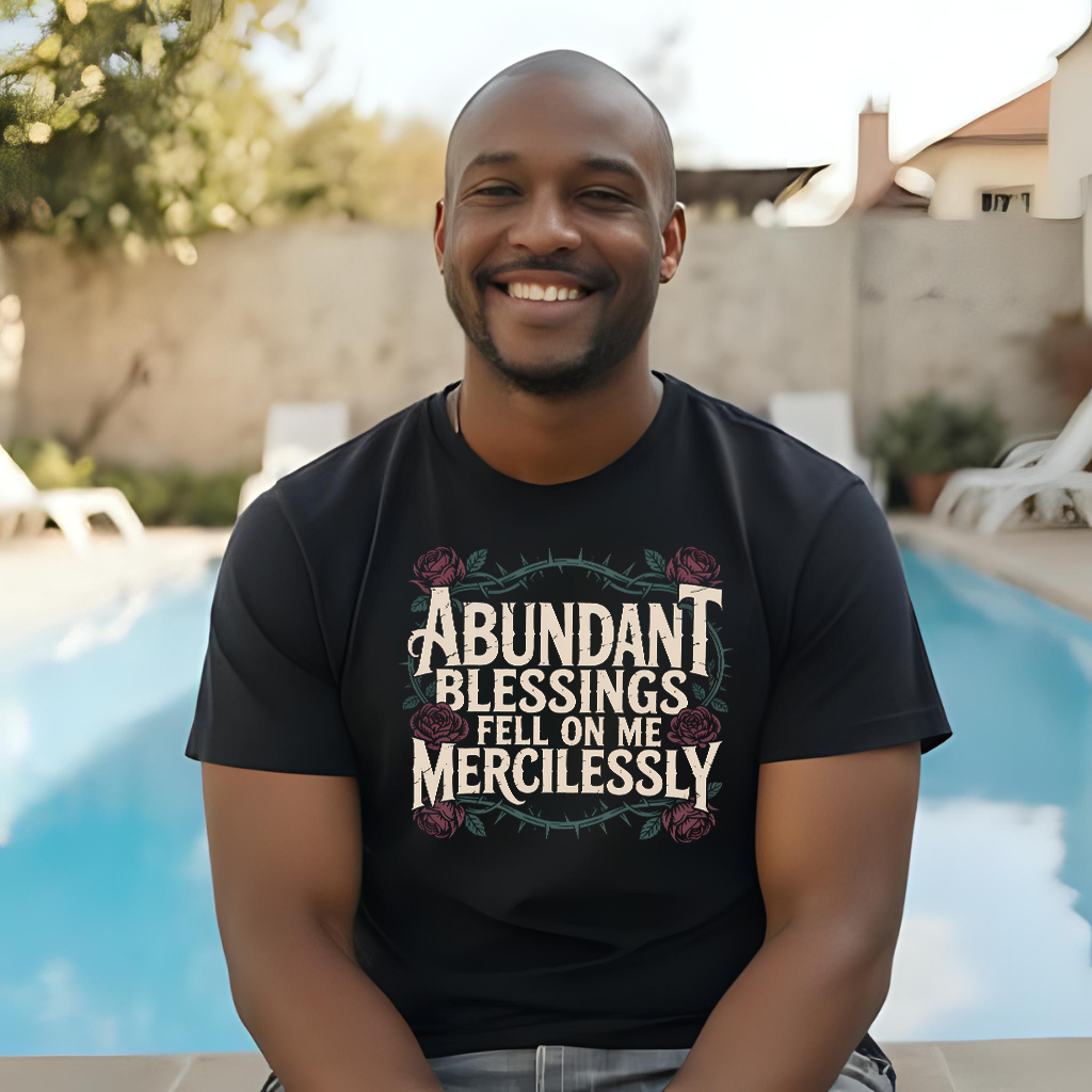 Man wearing a black t-shirt with a motivational quote by a pool