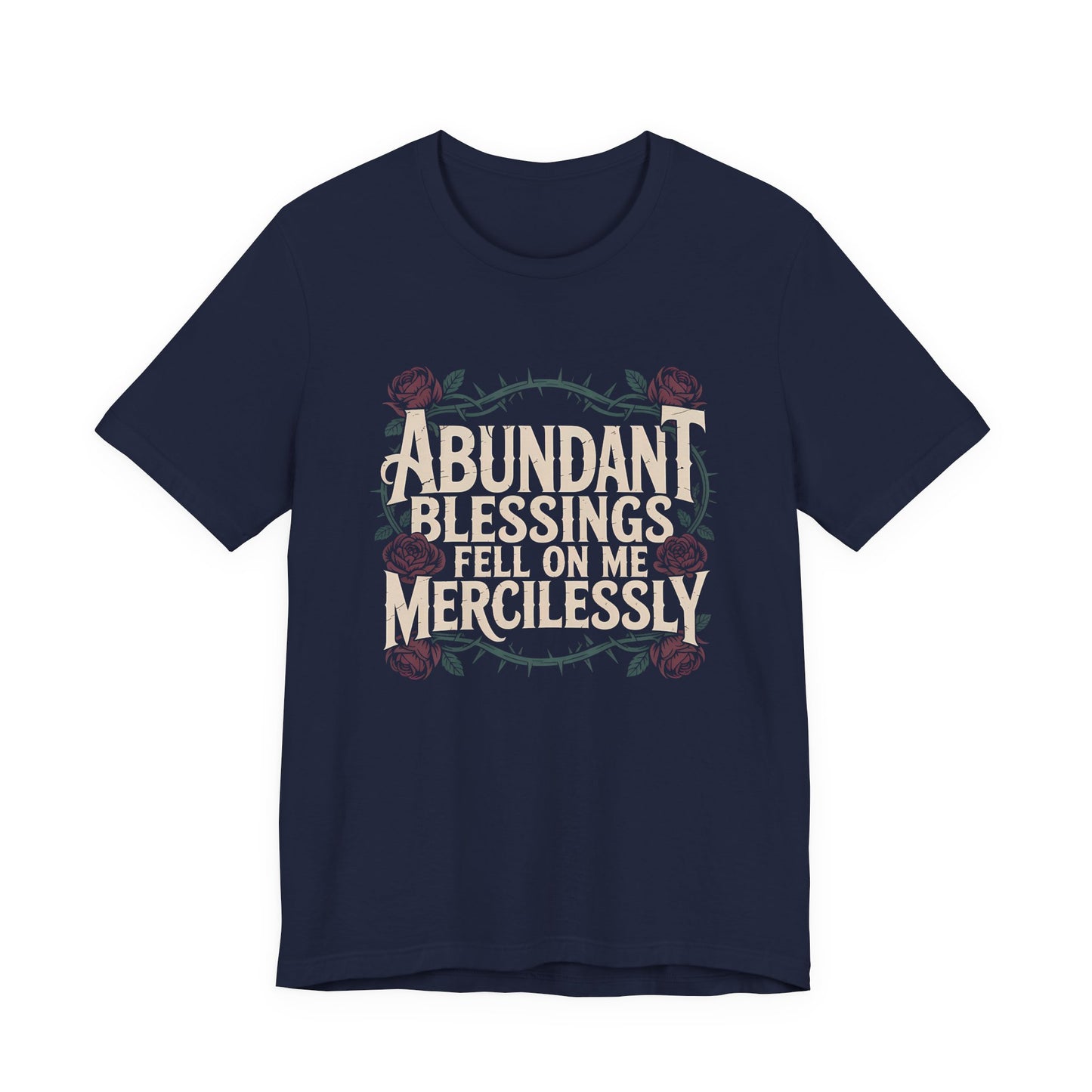 Navy blue t-shirt with white text and floral design on a white background