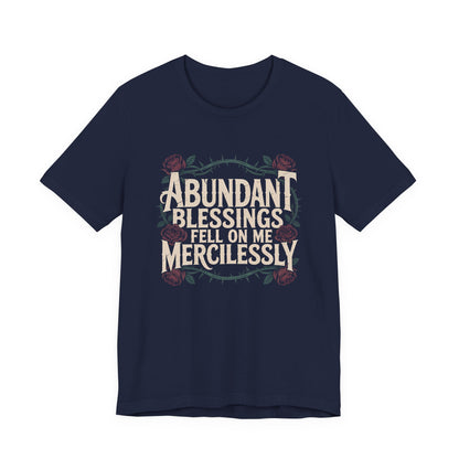Navy blue t-shirt with white text and floral design on a white background