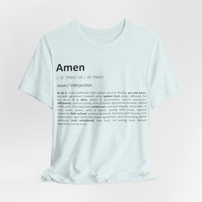 White t-shirt with black text on a light pink background