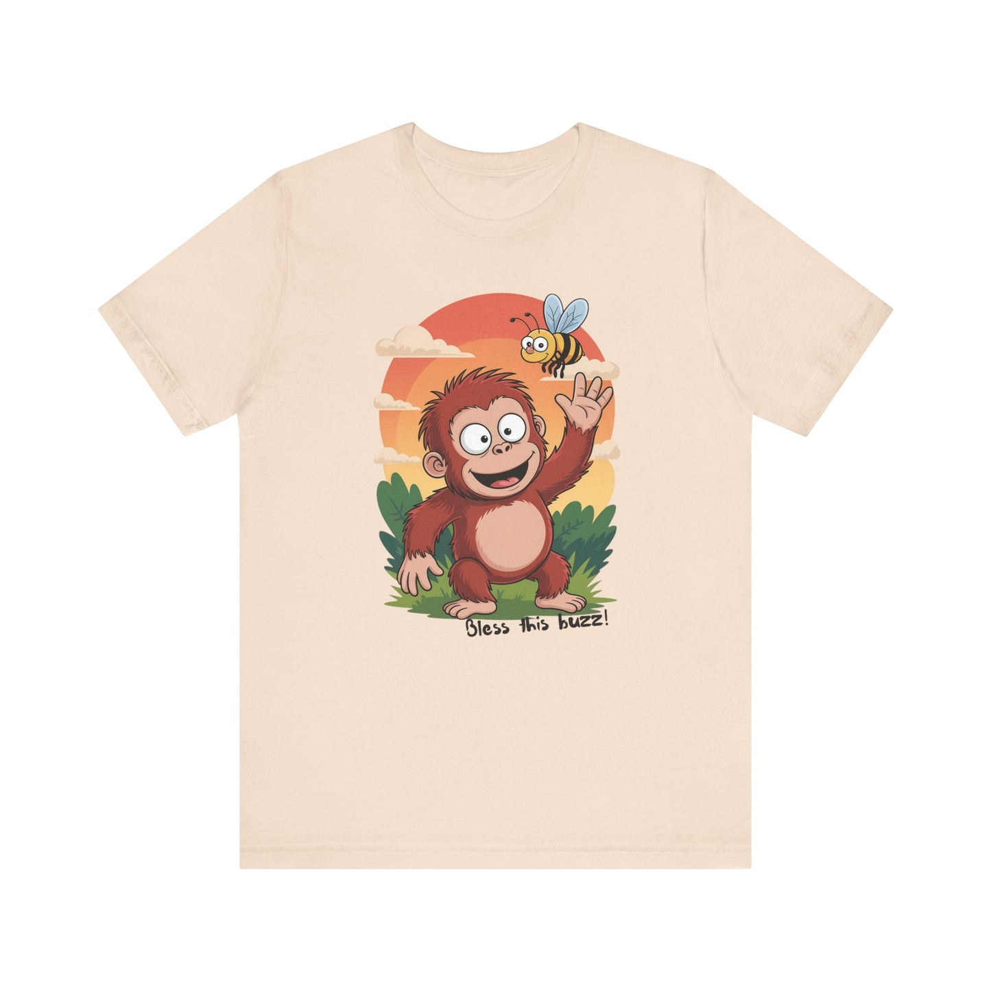 Beige t-shirt with a cartoon monkey and bee design on a white background