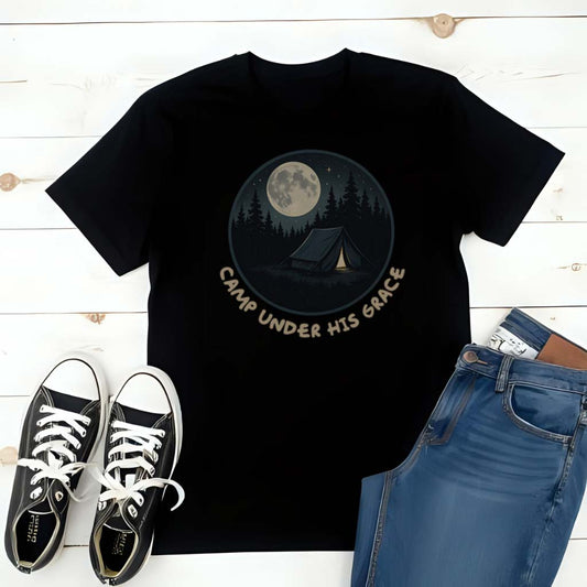 Camp Under His Grace – Unisex Christian Camping Tee - for men and women