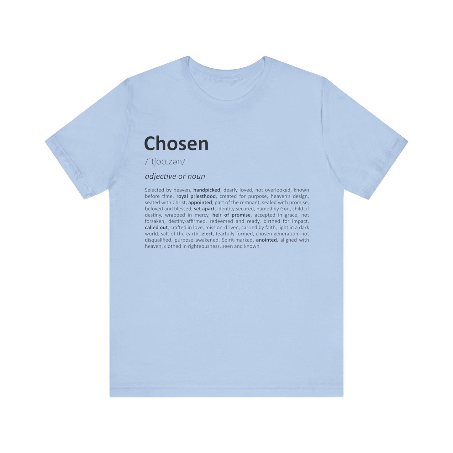 Light blue t-shirt with text design on a white background