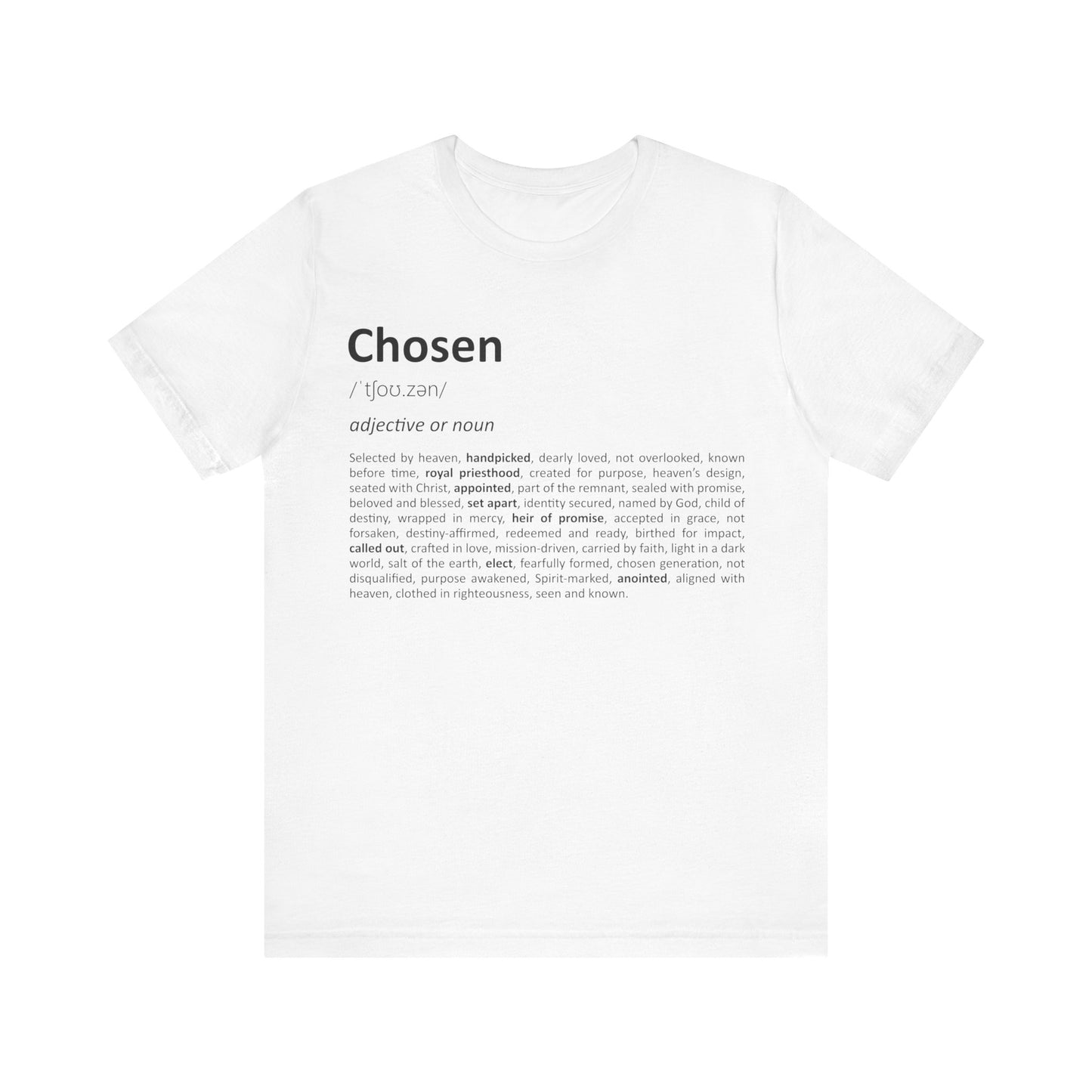 White t-shirt with black text on a white background