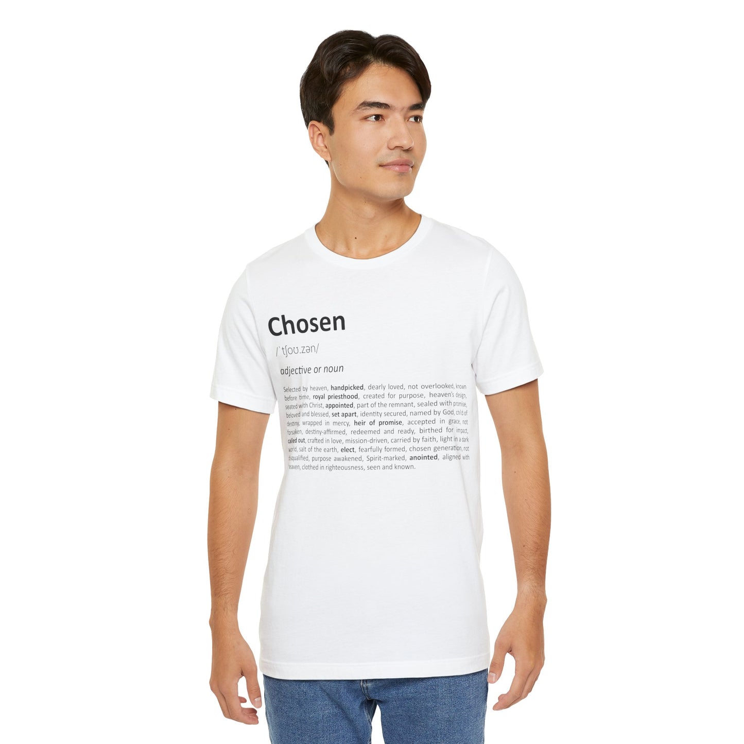 Man wearing a white t-shirt with text design on a white background