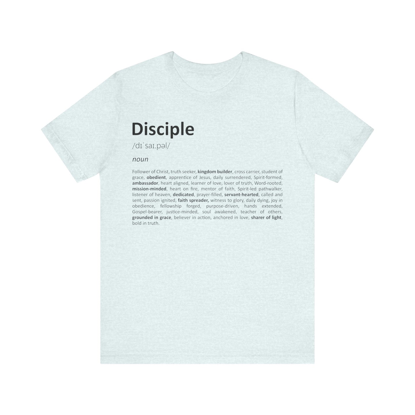 Light blue t-shirt with black text on a white background