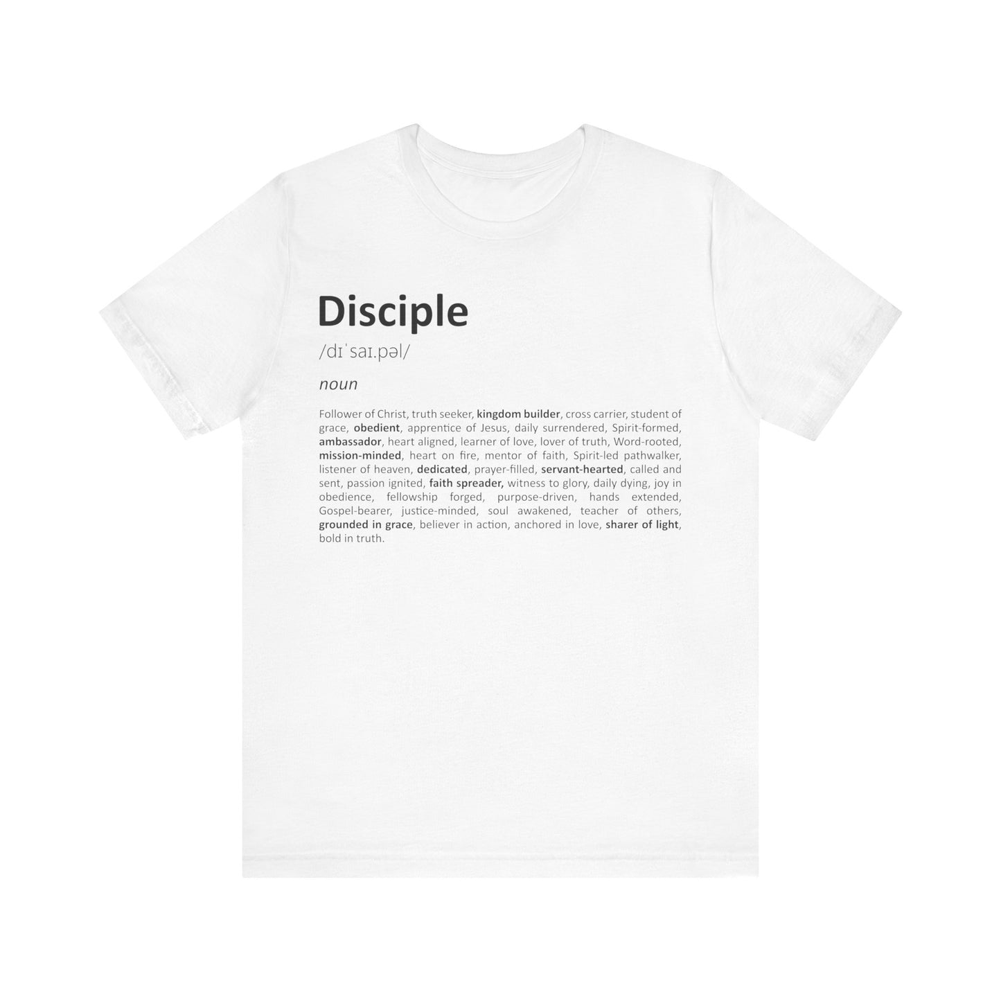 White t-shirt with black text on a white background