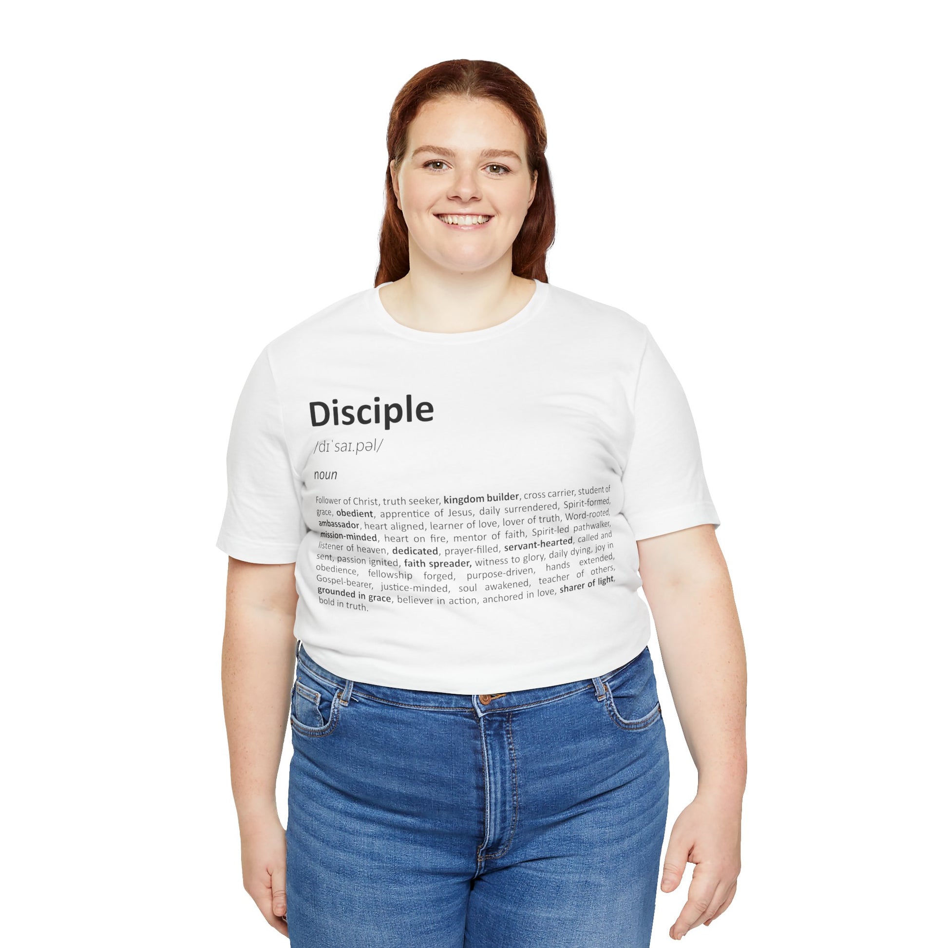 Woman wearing a white t-shirt with text design on a white background