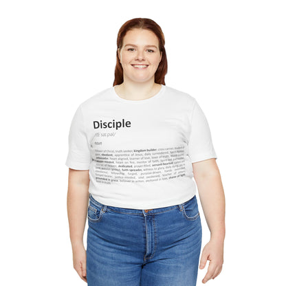 Woman wearing a white t-shirt with text design on a white background