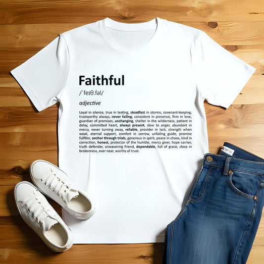White t-shirt with 'Faithful' definition printed on it, paired with white sneakers and blue jeans on a wooden surface.