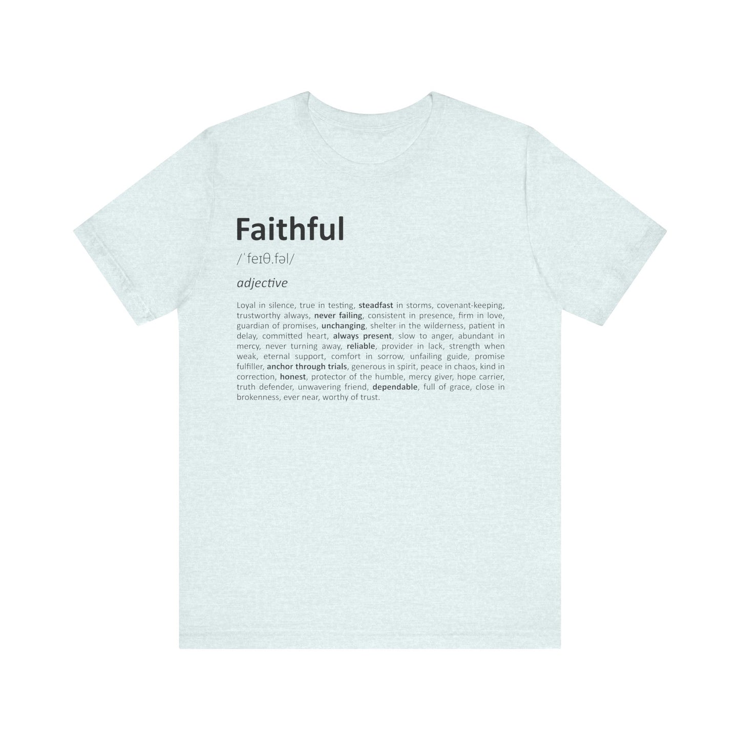 Light blue t-shirt with black text on a white background