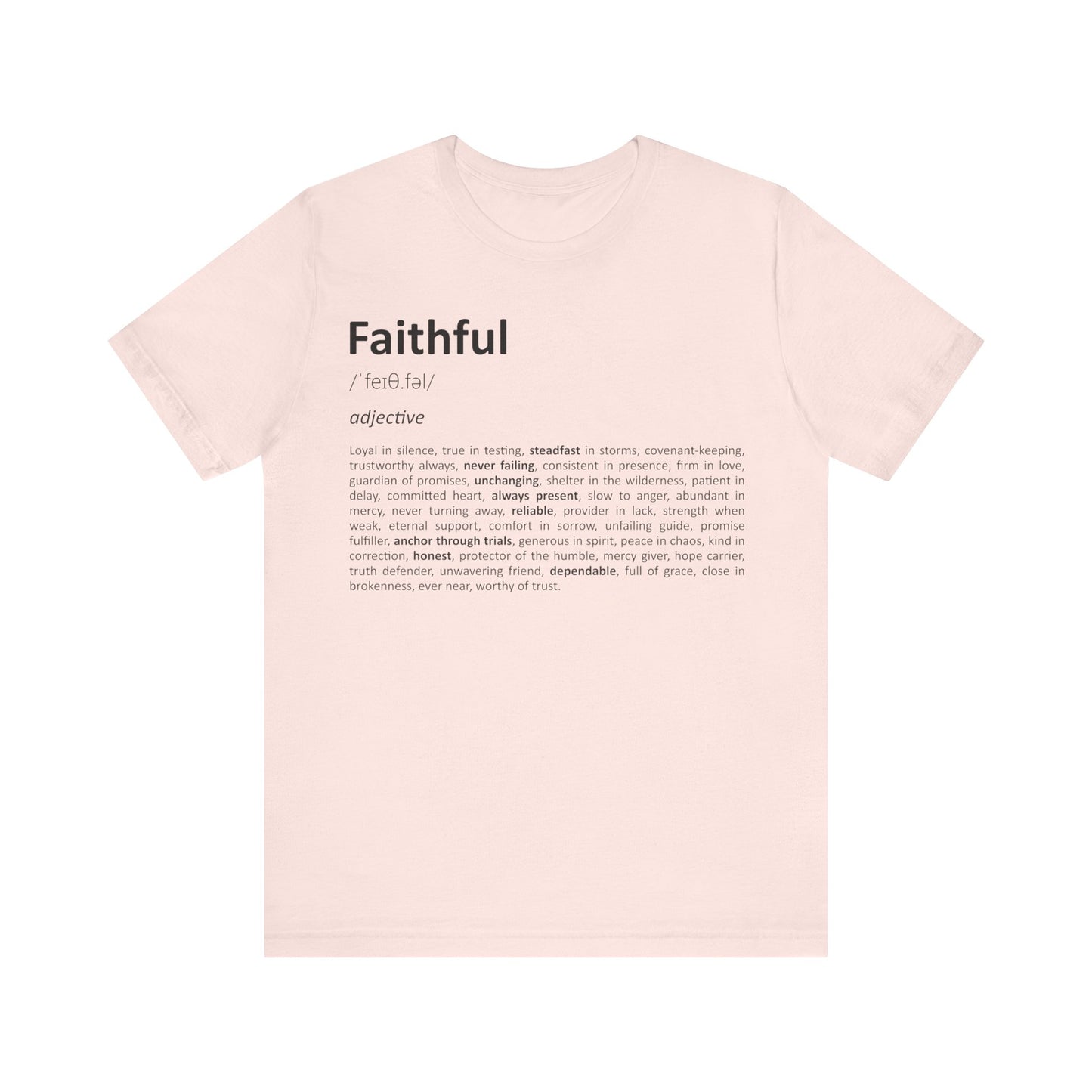 Pink t-shirt with 'Faithful' definition text on a white background