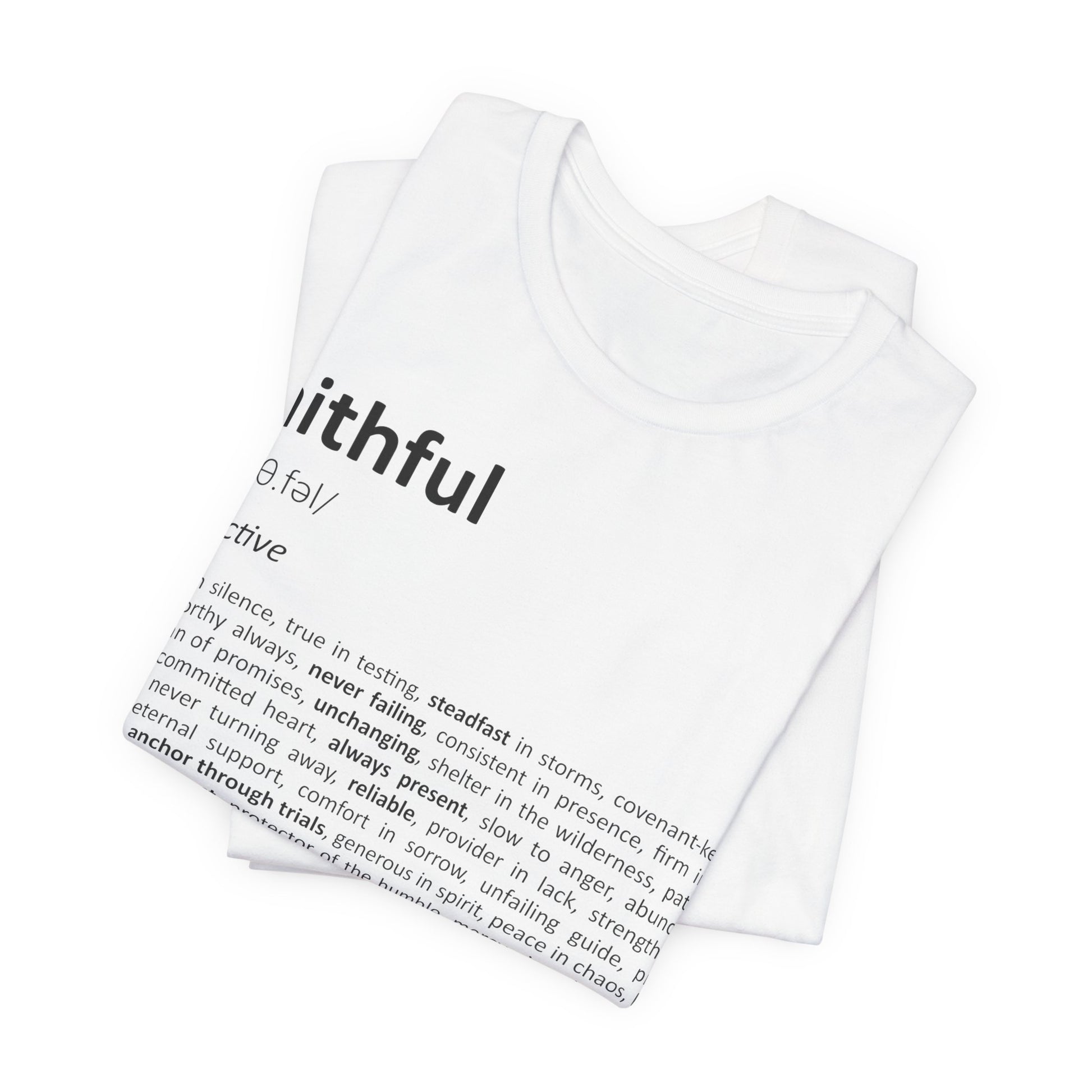 White t-shirt with black text on a white background