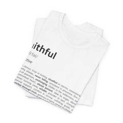 White t-shirt with black text on a white background
