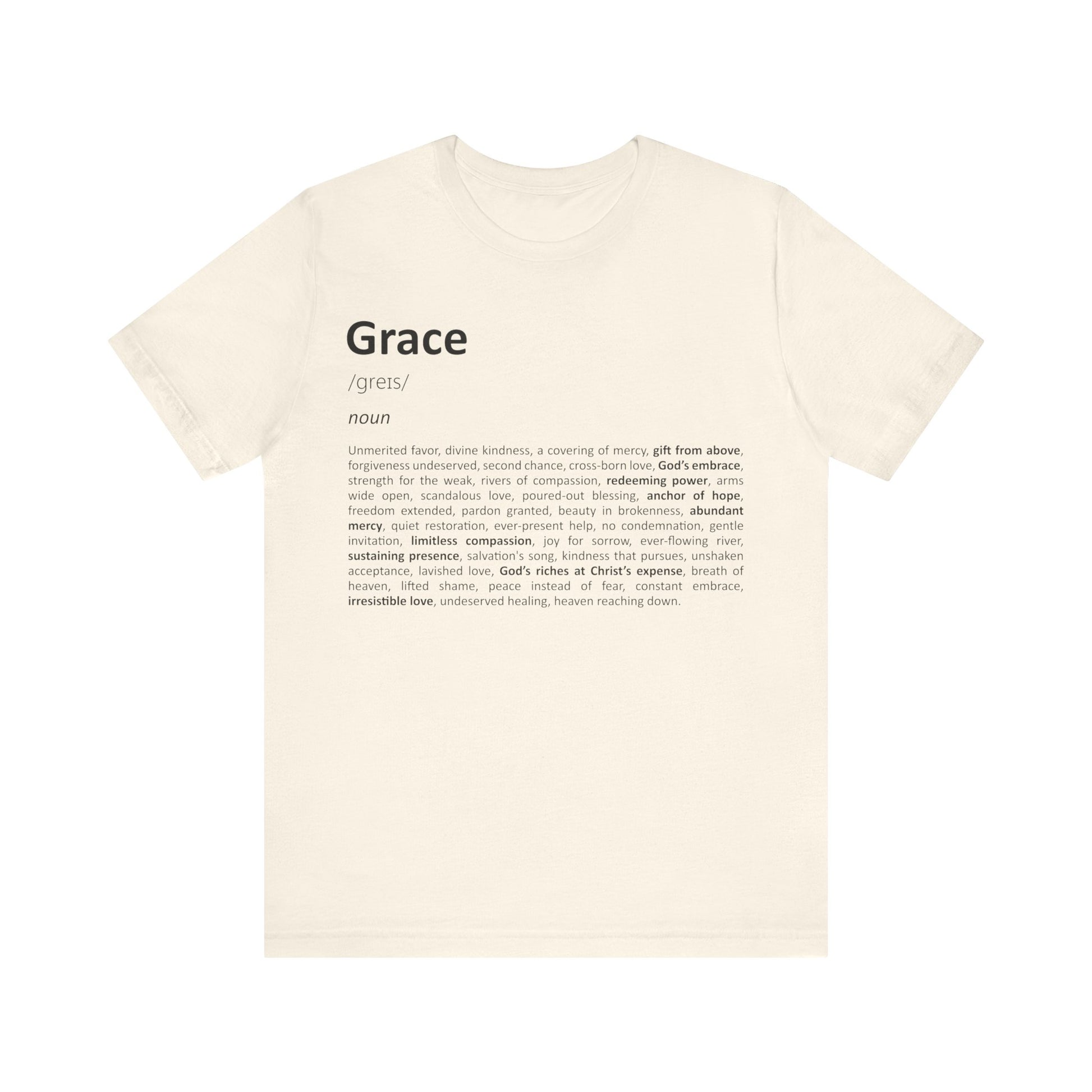 Beige t-shirt with 'Grace' definition printed on a white background